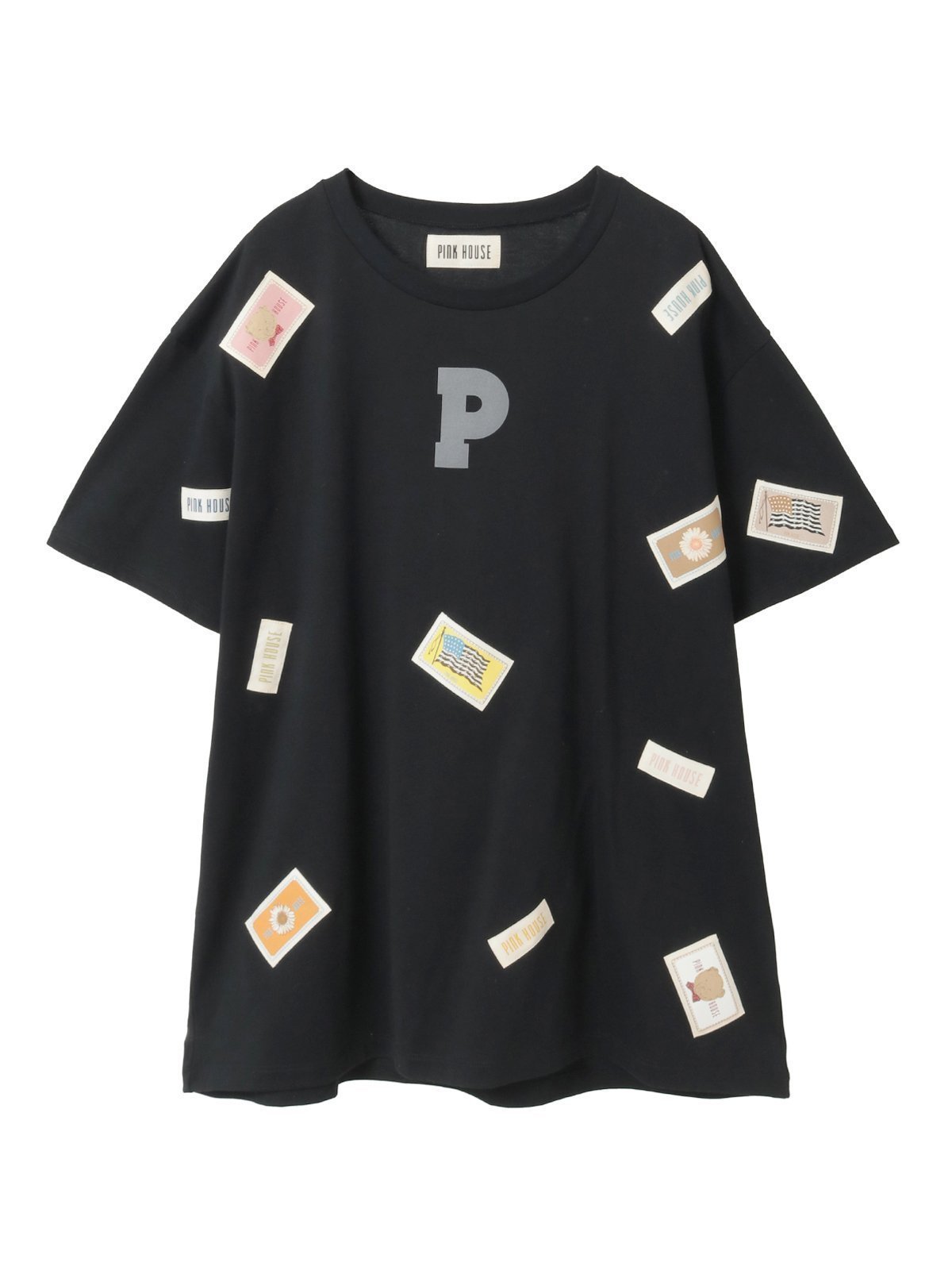 【ピンクハウス/PINK HOUSE】のPロゴ ネームワッペン使いカットソーチュニック インテリア・キッズ・メンズ・レディースファッション・服の通販 founy(ファニー) 　ファッション　Fashion　レディースファッション　Fashion for Women　トップス・カットソー　Cut & Sew Tops　カットソー・ベーシックTシャツ　Cut-and-Sewn Tops / Stretch Tees & Basics　カットソー　Cut and Sewn Top　フロント　Front, Front Design　プリント　Print, Printed Pattern　マーガレット　Marguerite, Daisy Pattern　クロ|ID: prp329100004923572 ipo3291000000036943823