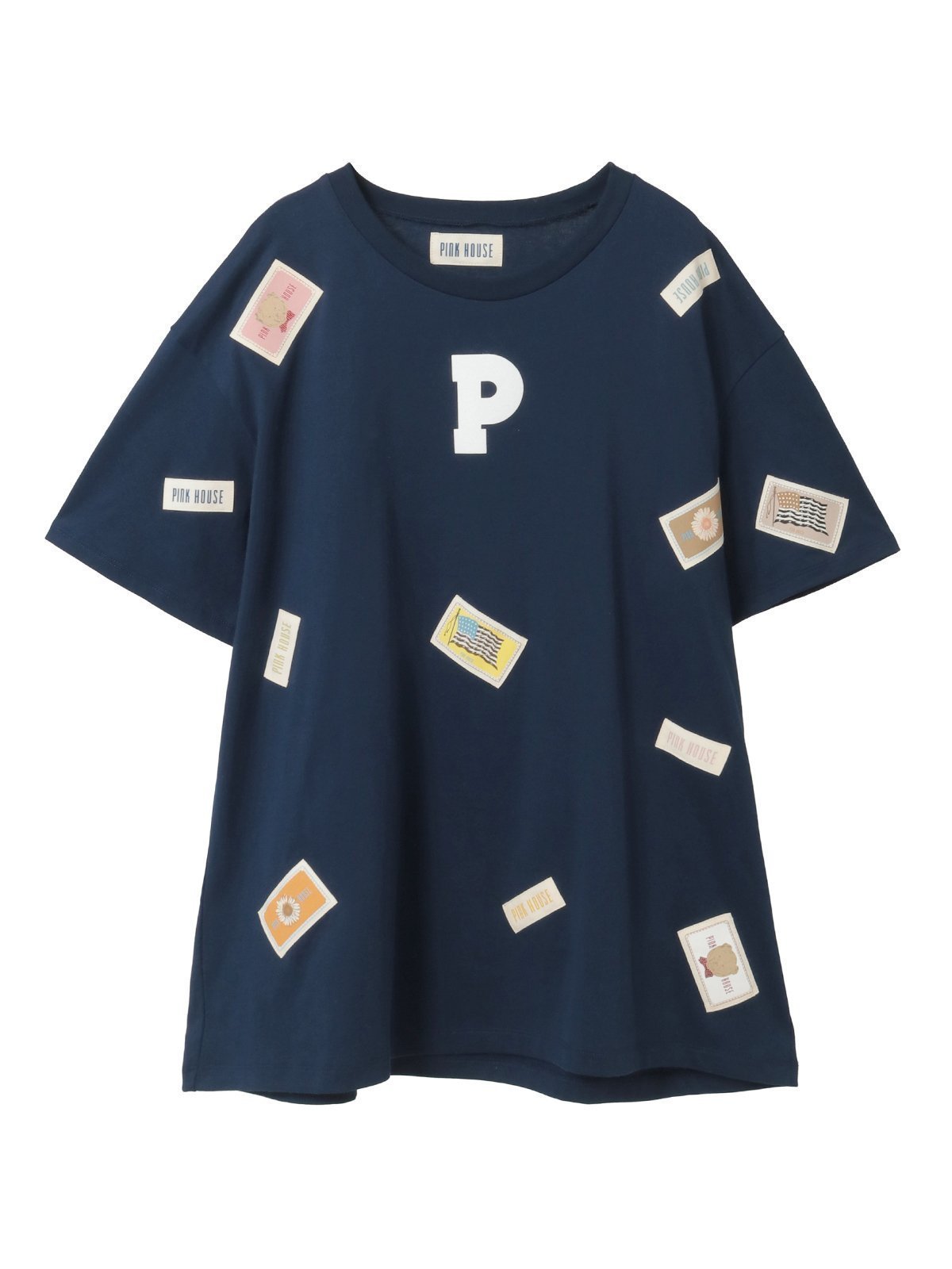 【ピンクハウス/PINK HOUSE】のPロゴ ネームワッペン使いカットソーチュニック インテリア・キッズ・メンズ・レディースファッション・服の通販 founy(ファニー) 　ファッション　Fashion　レディースファッション　Fashion for Women　トップス・カットソー　Cut & Sew Tops　カットソー・ベーシックTシャツ　Cut-and-Sewn Tops / Stretch Tees & Basics　カットソー　Cut and Sewn Top　フロント　Front, Front Design　プリント　Print, Printed Pattern　マーガレット　Marguerite, Daisy Pattern　ネイビー|ID: prp329100004923572 ipo3291000000036943833