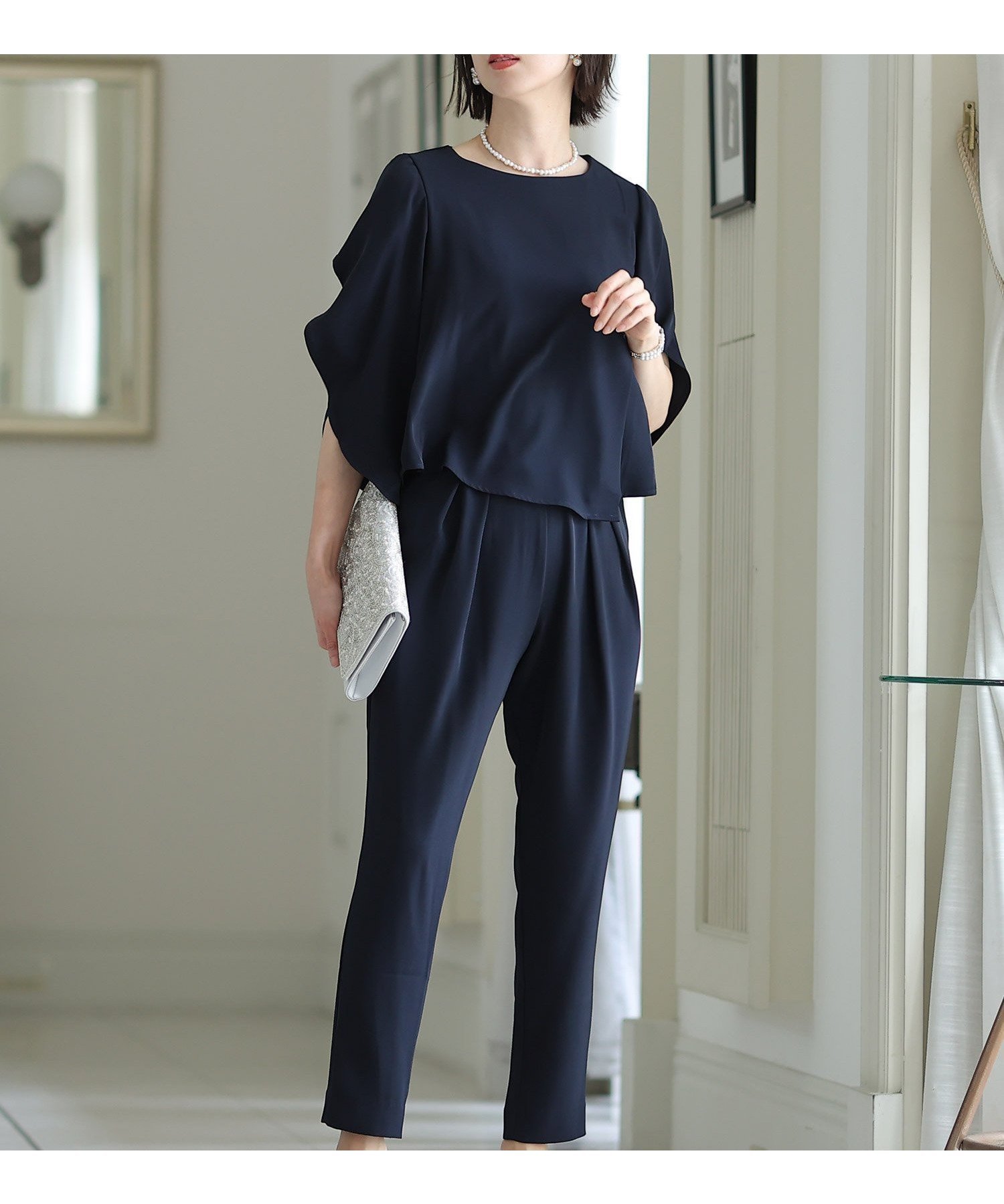 【プールヴー/PourVous】のスリーブパンツドレス結婚式オケージョンドレス同窓会パーティードレスお呼ばれ インテリア・キッズ・メンズ・レディースファッション・服の通販 founy(ファニー) 　ファッション　Fashion　レディースファッション　Fashion for Women　パンツ　Pants & Trousers　アクセサリー　Fashion Accessories　クロップド　Cropped, Short Length　シンプル　Simple, Minimal　スリット　Slit, Slit Detail　スリーブ　Sleeve, Long Sleeve / Short Sleeve　セットアップ　Set-Up, Coordinated Outfit　とろみ　Fluid, Flowy Fabric　チューリップ　Tube, Tube Top　テーパード　Tapered, Tapered Pants　ドレス　Dress, One-Piece　長袖　Long Sleeve, Full Sleeve　フォーマル　Formal, Dressy　フロント　Front, Front Design　半袖　Short Sleeve, Half Sleeve　レース　Lace, Lace Fabric　ロング　Long, Long-Length　エレガント 上品　Elegant　入学式　Entrance Ceremony　卒業式　Graduation Ceremony　結婚式　Wedding　ネイビー|ID: prp329100004923636 ipo3291000000036944224