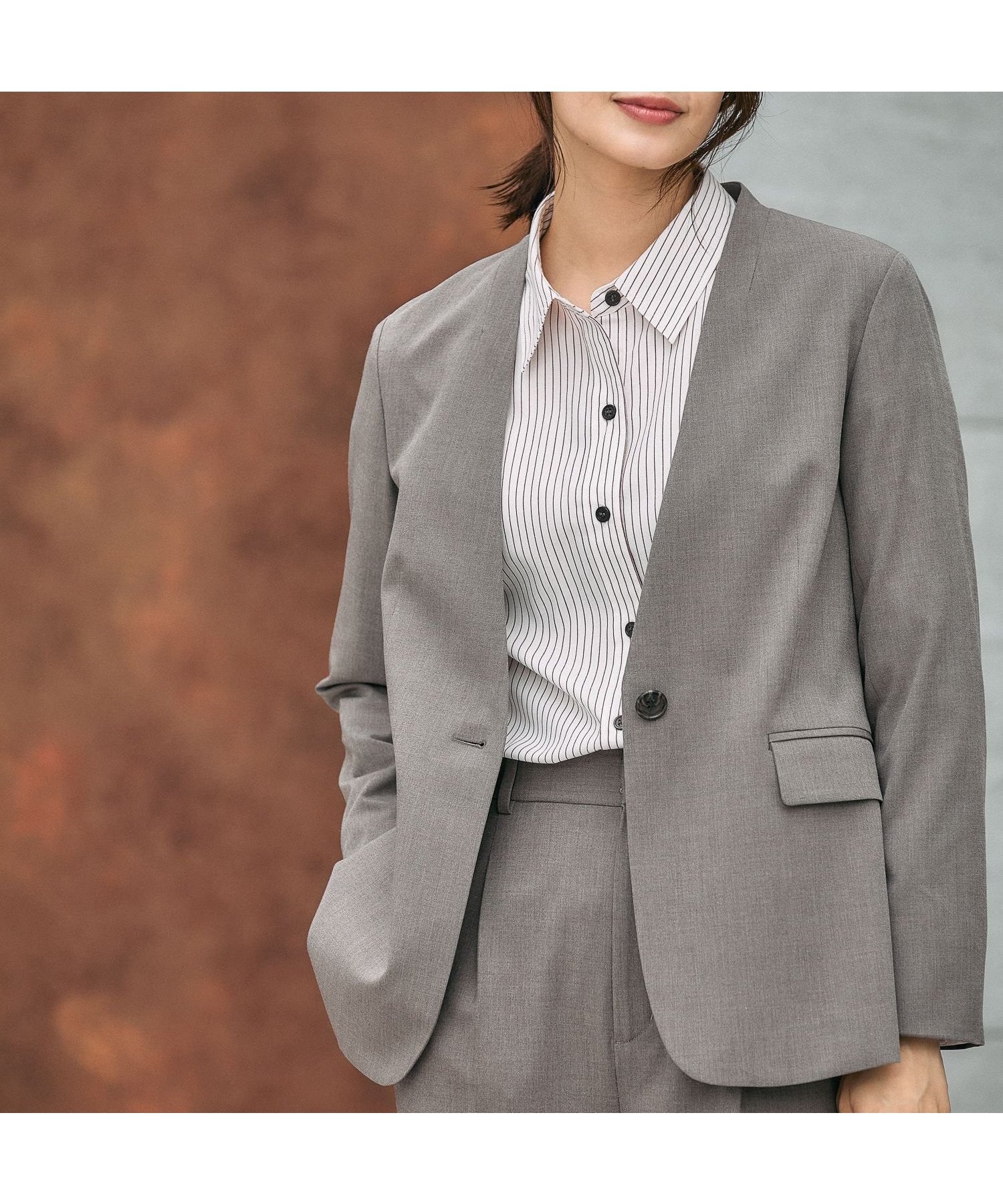 【グローバルワーク/GLOBAL WORK】のウツクシルエットノーカラージャケット/581021 インテリア・キッズ・メンズ・レディースファッション・服の通販 founy(ファニー) 　ファッション　Fashion　レディースファッション　Fashion for Women　アウター　Coat / Outerwear Collection　レディースジャケット・軽アウター　Jackets　ノーカラージャケット / シンプル上品コーデ　Collarless Jackets　おすすめ　Recommended / Our Picks　インナー　Innerwear　ジャケット　Jacket, Outerwear　ストレッチ　Stretch, Stretchy Fabric　セットアップ　Set-Up, Coordinated Outfit　セレモニー　Ceremony　パターン　Pattern, Design Print　ボトム　Bottoms, Lower Wear　ワイド　Wide, Wide Fit　モカ54|ID: prp329100004924895 ipo3291000000036954219