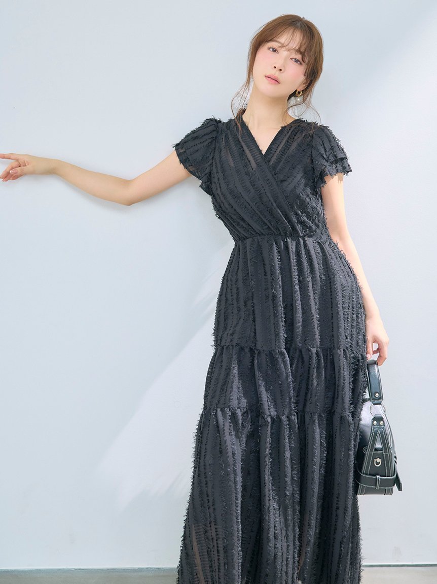 【フレイ アイディー/FRAY I.D】の【00サイズあり】フリンジジャカードティアードワンピース インテリア・キッズ・メンズ・レディースファッション・服の通販 founy(ファニー) 　ファッション　Fashion　レディースファッション　Fashion for Women　ワンピース　Dresses　エアリー　Airy Texture　シアー　Sheer, See-Through　スマート　Smart, Elegant　ダブル　Double, Double-Breasted　定番　Standard, Basic Item　人気　Popular, Best Seller　フレア　Flare, Flared　フロント　Front, Front Design　メタル　Metal, Metal Parts　BLK[009]|ID: prp329100004926203 ipo3291000000036964399