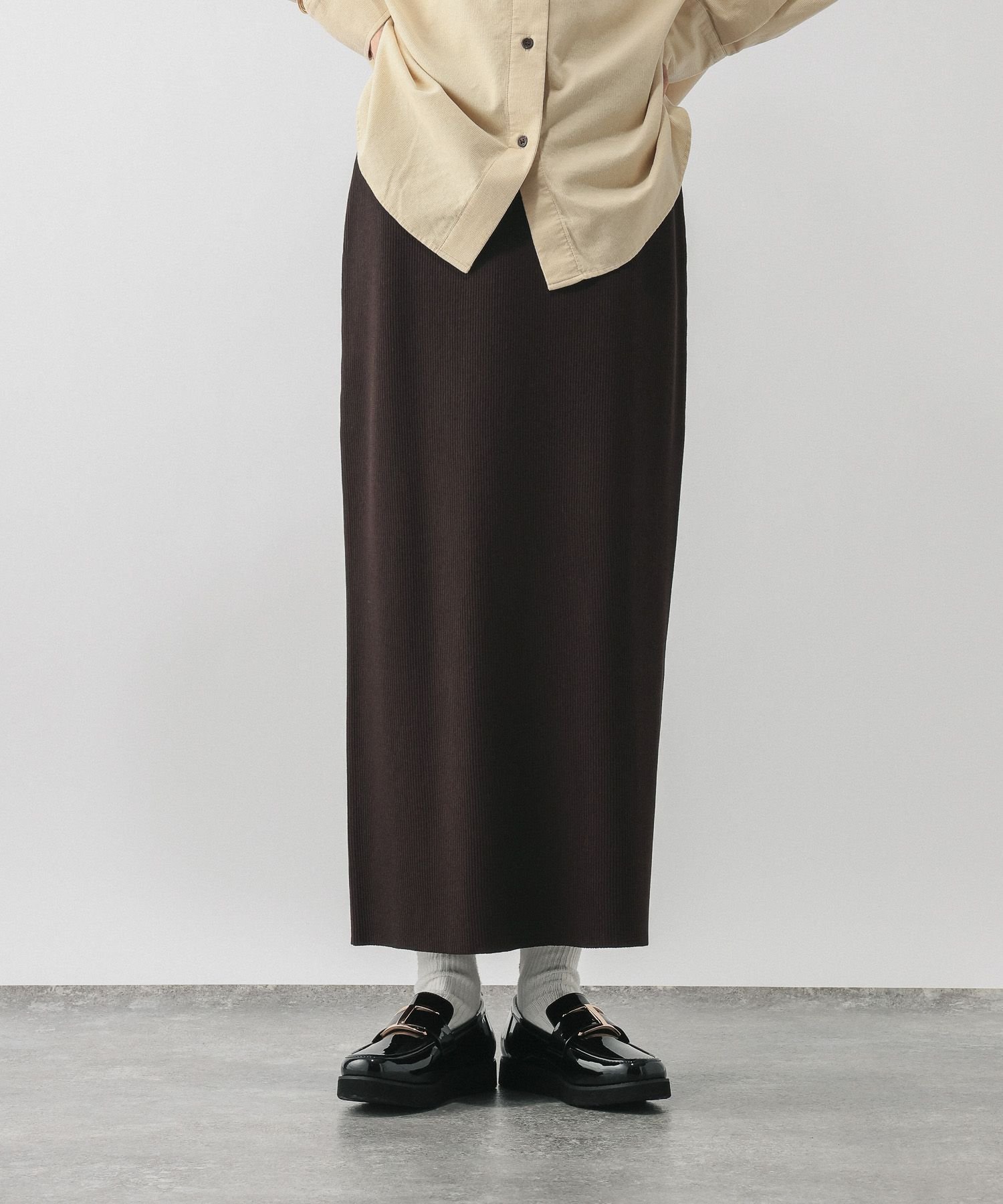 【グローバルワーク/GLOBAL WORK】のニットリブIラインスカート/632948 インテリア・キッズ・メンズ・レディースファッション・服の通販 founy(ファニー) 　ファッション　Fashion　レディースファッション　Fashion for Women　スカート　Skirts　おすすめ　Recommended / Our Picks　スウェット / スエット　Sweatshirt, Sweatwear　ストレッチ　Stretch, Stretchy Fabric　スリット　Slit, Slit Detail　ダウン　Down, Puffer　フェミニン　Feminine, Girly　リラックス　Relax, Relaxed Fit　旅行　Travel　楽ちん　Easy Fit, Comfortable　ビジネス 仕事 通勤　Business / Work / Commuting　ブラウン58|ID: prp329100004926205 ipo3291000000036964409