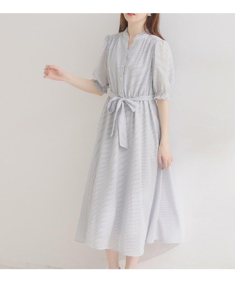【クチュール ブローチ/Couture Brooch】の【洗える】シアーストライプ ワンピース インテリア・キッズ・メンズ・レディースファッション・服の通販 founy(ファニー) 　ファッション　Fashion　レディースファッション　Fashion for Women　ワンピース　Dresses　洗える　Machine Washable　シアー　Sheer, See-Through　シャーリング　Shirring, Ruched　スタンド　Stand Collar, Upright Stand　ストライプ　Stripe, Striped Pattern　スマート　Smart, Elegant　スリーブ　Sleeve, Long Sleeve / Short Sleeve　チェック　Check, Plaid, Tartan　フェミニン　Feminine, Girly　フリル　Frill, Ruffle　ポケット　Pocket, Pocket Detail　ヨーク　Yoke, Yoke Design　リボン　Ribbon, Bow　夏　Summer　2026年　2026　ブルー|ID: prp329100004926223 ipo3291000000036964487