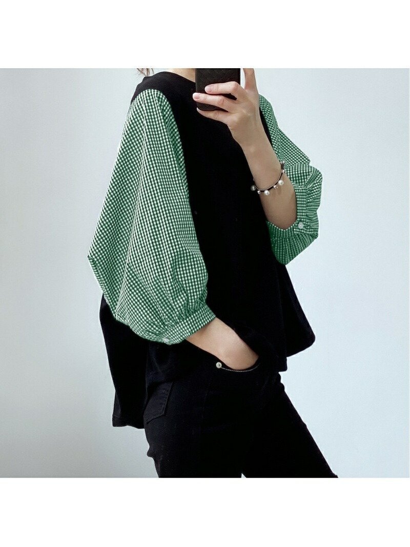 【ジュノア/JUNOAH】の5分袖ドッキングブラウス インテリア・キッズ・メンズ・レディースファッション・服の通販 founy(ファニー) 　ファッション　Fashion　レディースファッション　Fashion for Women　トップス・カットソー　Cut & Sew Tops　シャツ・ブラウス・オフィスカジュアル　Elegant Blouses & Button-Ups　ドッキング　Docking, Mixed Material　チェックグリーン|ID: prp329100004926352 ipo3291000000036964869