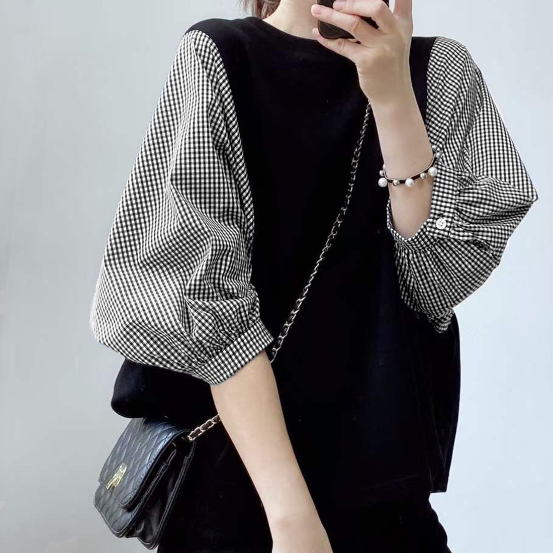 【ジュノア/JUNOAH】の5分袖ドッキングブラウス インテリア・キッズ・メンズ・レディースファッション・服の通販 founy(ファニー) 　ファッション　Fashion　レディースファッション　Fashion for Women　トップス・カットソー　Cut & Sew Tops　シャツ・ブラウス・オフィスカジュアル　Elegant Blouses & Button-Ups　ドッキング　Docking, Mixed Material　チェックブラック|ID: prp329100004926352 ipo3291000000036964871