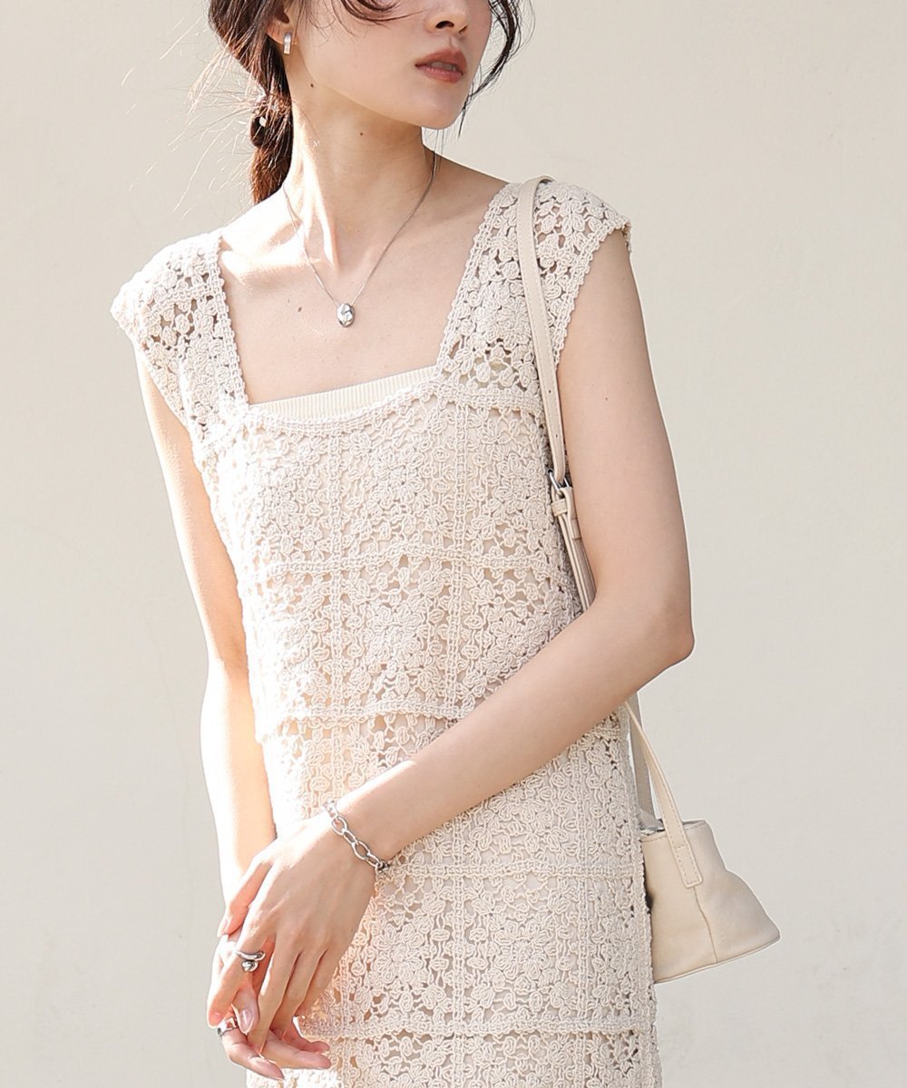 【バブ ブージュルード/Bab Bou Jeloud】の【低身長向けサイズあり】クロシェロングワンピース 人気、トレンドファッション・服の通販 founy(ファニー) 　ファッション　Fashion　レディースファッション　Fashion for Women　ワンピース　Dresses　くるぶし　Ankle-Length　カーディガン　Cardigan, Knitwear　クロシェ　Crochet, Knitted Lace　ショルダー　Shoulder, Shoulder Strap　スクエア　Square, Square Shape　スニーカー　Sneakers, Trainers　スマート　Smart, Elegant　スリット　Slit, Slit Detail　チェック　Check, Plaid, Tartan　バランス　Balance, Style Balance　フラワー　Flower, Floral　モチーフ　Motif, Design Theme　ロング　Long, Long-Length　再入荷　Restock / Back in Stock　 other-1|ID: prp329100004926392 ipo3291000000036965051