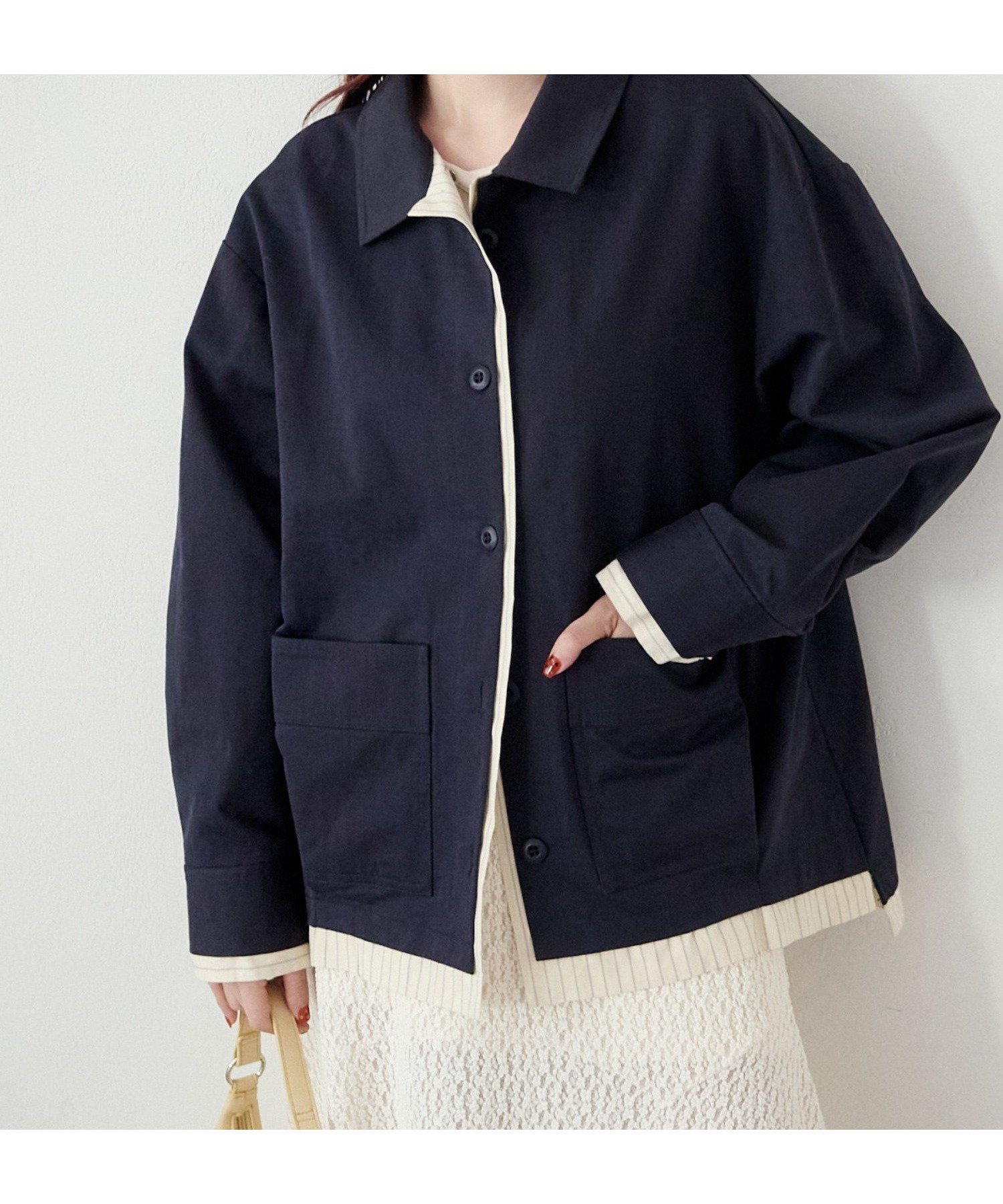 【パルグループ/PAL GROUP】の【Kastane】レイヤードミドルシャツジャケット インテリア・キッズ・メンズ・レディースファッション・服の通販 founy(ファニー) 　ファッション　Fashion　レディースファッション　Fashion for Women　アウター　Coat / Outerwear Collection　レディースジャケット・軽アウター　Jackets　シンプル　Simple, Minimal　ジャケット　Jacket, Outerwear　ストライプ　Stripe, Striped Pattern　ミドル　Middle Length, Mid Height　レース　Lace, Lace Fabric　春　Spring　ネイビー|ID: prp329100004927920 ipo3291000000036978225