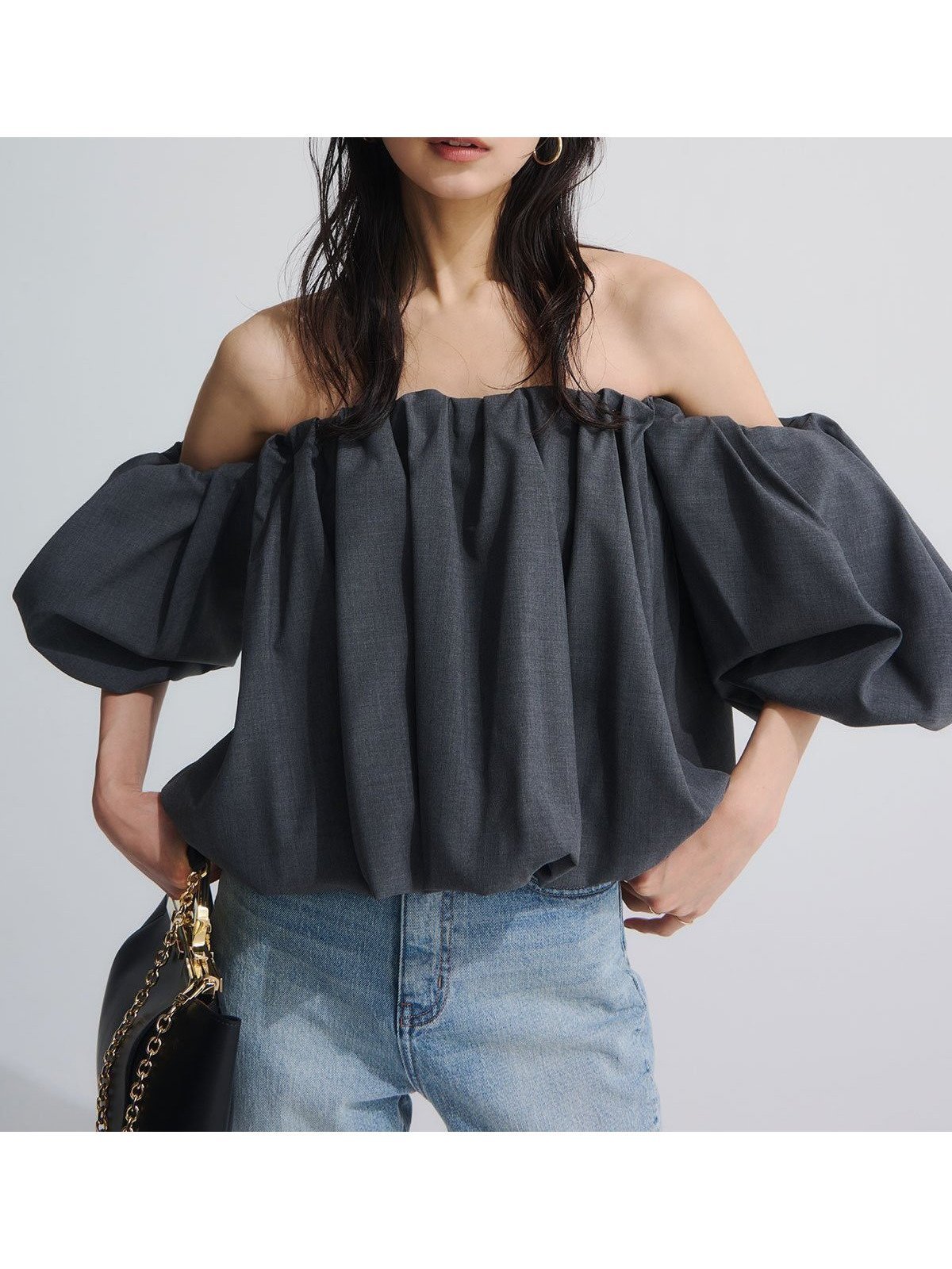 【アニュアンス/anuans】のボリュームバルーンブラウス インテリア・キッズ・メンズ・レディースファッション・服の通販 founy(ファニー) 　ファッション　Fashion　レディースファッション　Fashion for Women　トップス・カットソー　Cut & Sew Tops　シャツ・ブラウス・オフィスカジュアル　Elegant Blouses & Button-Ups　ギャザー　Gathered, Ruffled　コンパクト　Compact, Small Size　デニム　Denim, Jeans Material　ドレープ　Drape, Draping Fabric　バランス　Balance, Style Balance　バルーン　Balloon, Balloon Silhouette　フィット　Fit, Slim Fit　フォルム　Silhouette, Form　夏　Summer　GREY|ID: prp329100004927982 ipo3291000000036978736