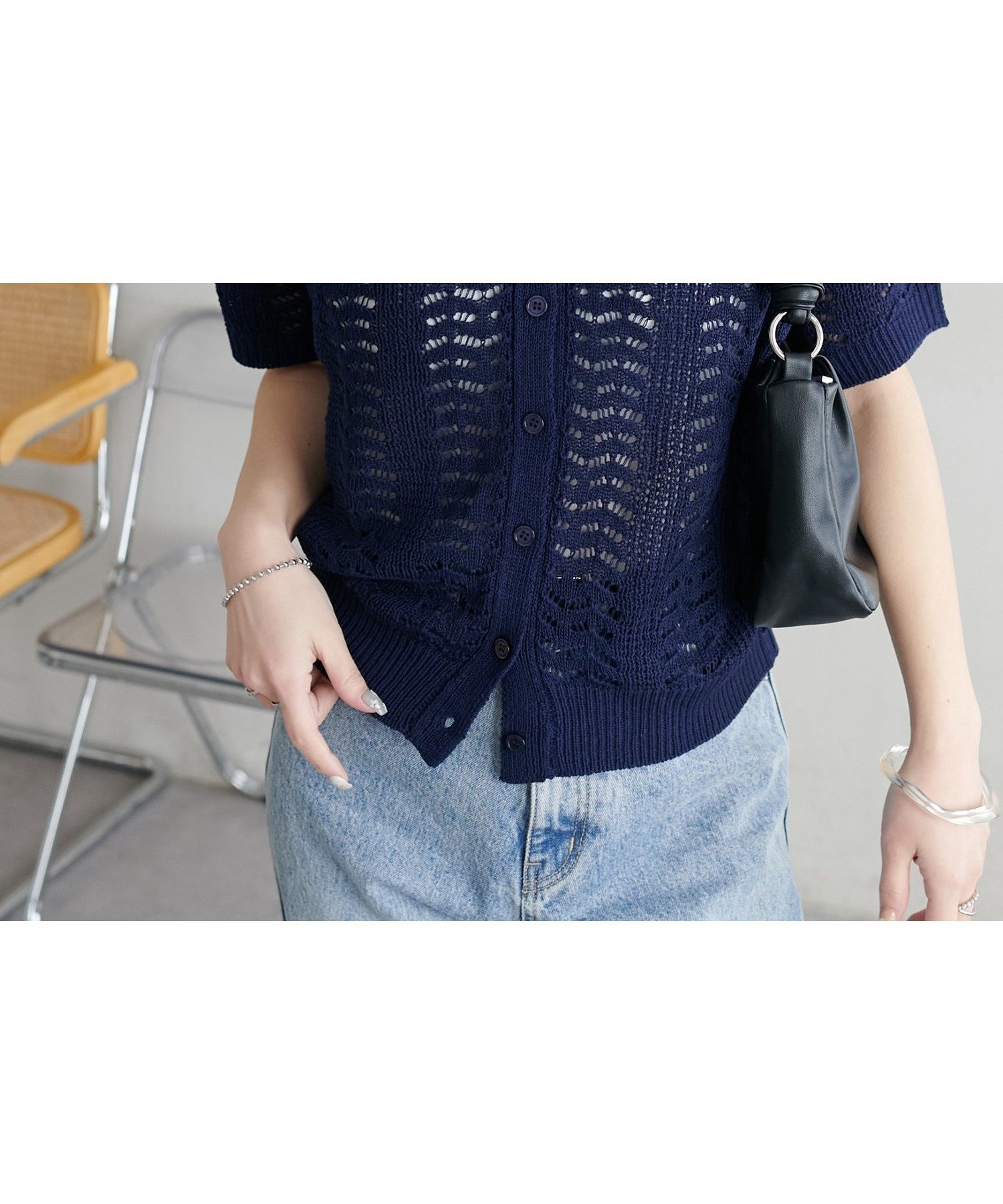 【ディスコート/Discoat】の【WEB限定】透かし編み衿付きニット インテリア・キッズ・メンズ・レディースファッション・服の通販 founy(ファニー) 　ファッション　Fashion　レディースファッション　Fashion for Women　トップス・カットソー　Cut & Sew Tops　ニット　Knit Tops & Sweaters　おすすめ　Recommended / Our Picks　キャミソール　Camisole, Spaghetti Strap Top　コンパクト　Compact, Small Size　サマー　Summer, Summer Style　サロペット　Overalls, Salopette　タンク　Tank Top, Sleeveless Top　デニム　Denim, Jeans Material　バランス　Balance, Style Balance　フェミニン　Feminine, Girly　フレア　Flare, Flared　エレガント 上品　Elegant　透かし　Cut-Out, Lacework　ネイビー|ID: prp329100004928043 ipo3291000000036979419