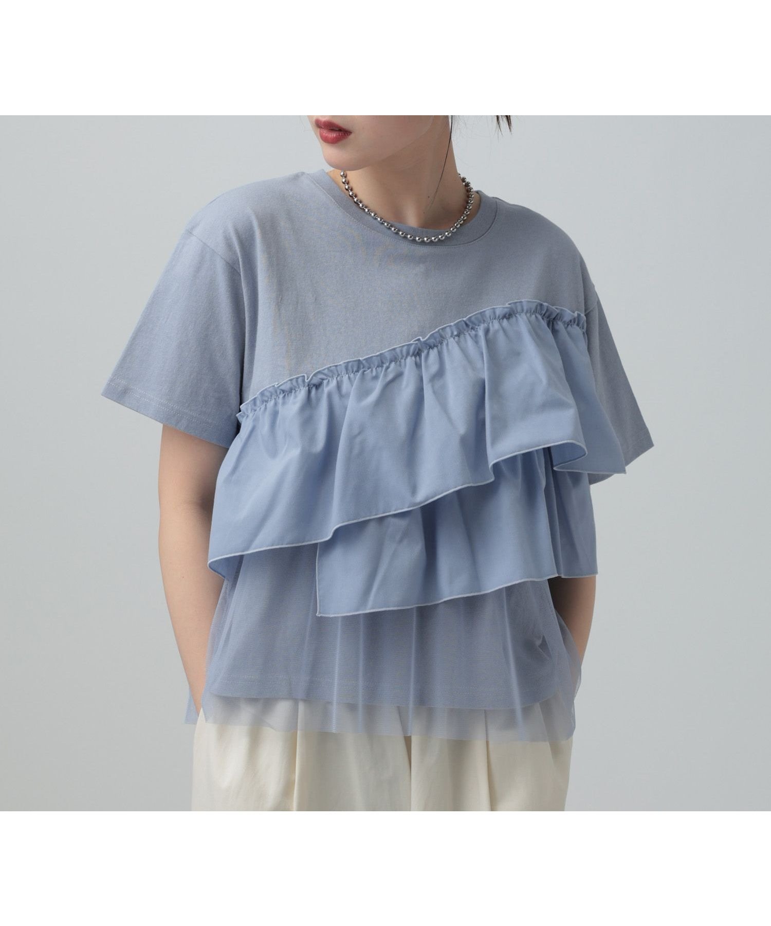 【レプシィム ローリーズファーム/LEPSIM LOWRYS FARM】の異素材フリルドッキングT2 インテリア・キッズ・メンズ・レディースファッション・服の通販 founy(ファニー) 　ファッション　Fashion　レディースファッション　Fashion for Women　おすすめ　Recommended / Our Picks　チュール　Tulip, Tulip Motif　トレンド　Trend, Trending Now　ドッキング　Docking, Mixed Material　ドット　Polka Dot, Dot Pattern　フリル　Frill, Ruffle　ブルーグレー12|ID: prp329100004928059 ipo3291000000036979537