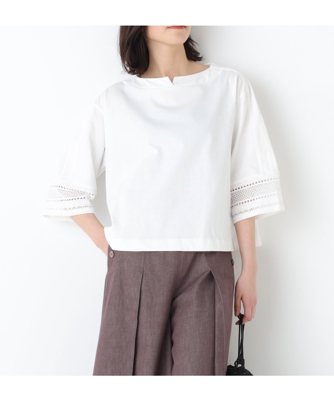 【ヒューマンウーマン/HUMAN WOMAN】の袖レース強撚糸TOPS インテリア・キッズ・メンズ・レディースファッション・服の通販 founy(ファニー) 　ファッション　Fashion　レディースファッション　Fashion for Women　トップス・カットソー　Cut & Sew Tops　おすすめ　Recommended / Our Picks　かぎ針　Crochet　スタンダード　Standard, Basic　レース　Lace, Lace Fabric　羽織　Haori, Light Jacket　ホワイト|ID: prp329100004928126 ipo3291000000036980128