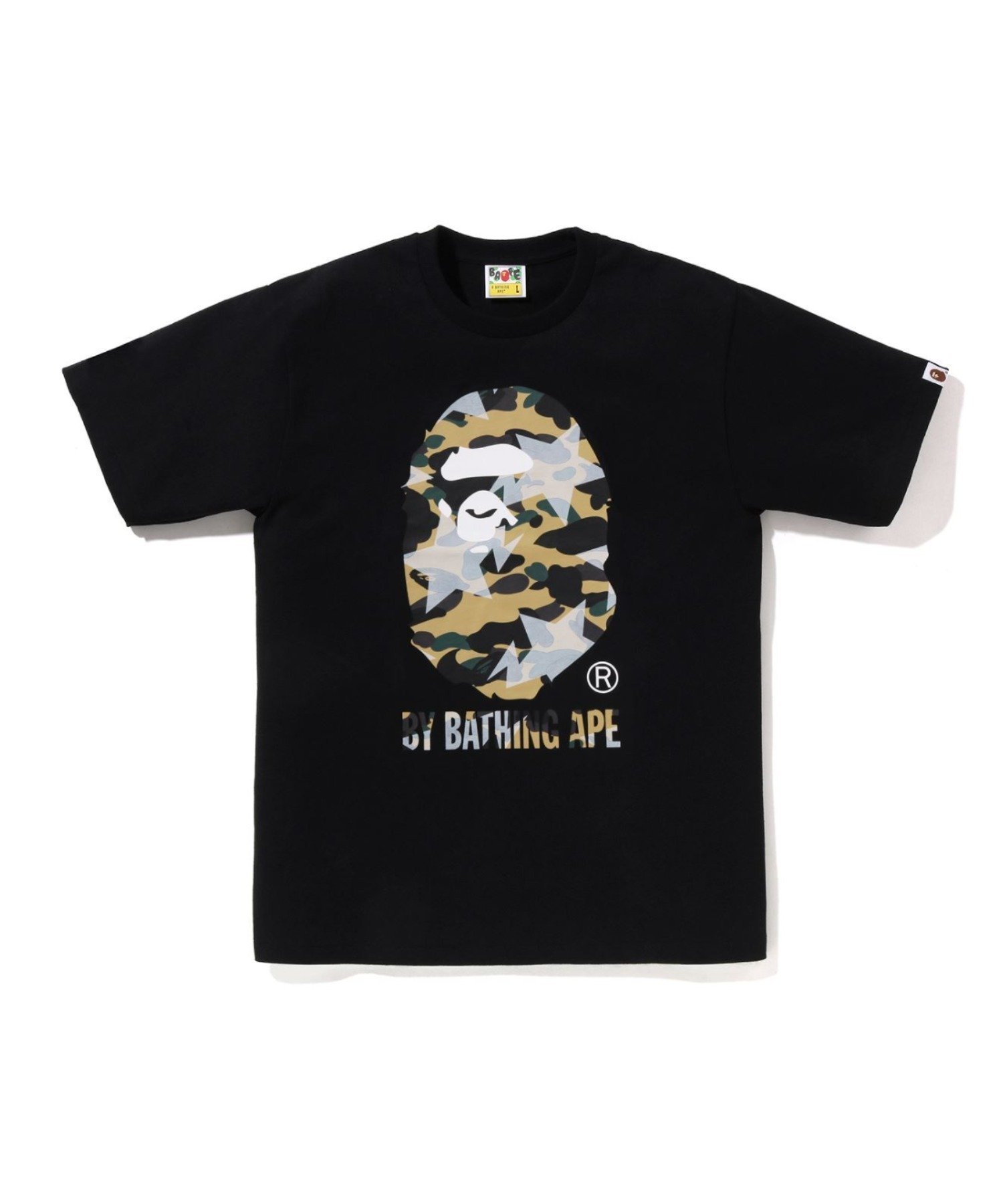 【ア ベイシング エイプ/A BATHING APE】のSTA OVER PRINT 1ST CAMO BY BATHING APE TEE インテリア・キッズ・メンズ・レディースファッション・服の通販 founy(ファニー) 　ファッション　Fashion　レディースファッション　Fashion for Women　インナー　Innerwear　コレクション　Collection, Seasonal Line　ショート　Short, Short Length　スリーブ　Sleeve, Long Sleeve / Short Sleeve　フロント　Front, Front Design　プリント　Print, Printed Pattern　モチーフ　Motif, Design Theme　ラバー　Rubber, Rubber Sole　定番　Standard, Basic Item　BK×YE|ID: prp329100004928181 ipo3291000000036980637