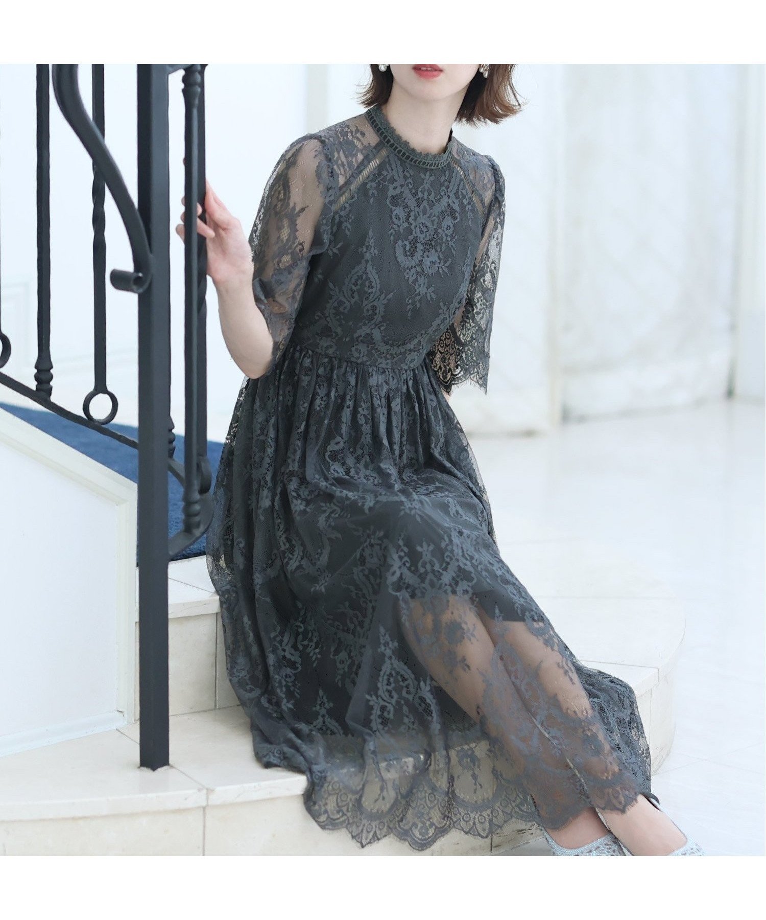 【プールヴー/PourVous】のオケージョンドレスお呼ばれ ワンピース結婚式 フォーマル同窓会 パーティードレス インテリア・キッズ・メンズ・レディースファッション・服の通販 founy(ファニー) 　ファッション　Fashion　レディースファッション　Fashion for Women　ワンピース　Dresses　フォーマル・パーティードレス・結婚式用ドレス　Elegant & Casual Dresses　ギャザー　Gathered, Ruffled　クラシカル　Classical, Vintage-Inspired　シアー　Sheer, See-Through　スカラップ　Scallop, Scalloped Edge　ドレス　Dress, One-Piece　フォーマル　Formal, Dressy　レース　Lace, Lace Fabric　楽ちん　Easy Fit, Comfortable　おすすめ　Recommended / Our Picks　セレモニー　Ceremony　結婚式　Wedding　二次会　After Party　アーミーカーキ|ID: prp329100004932925 ipo3291000000037025876