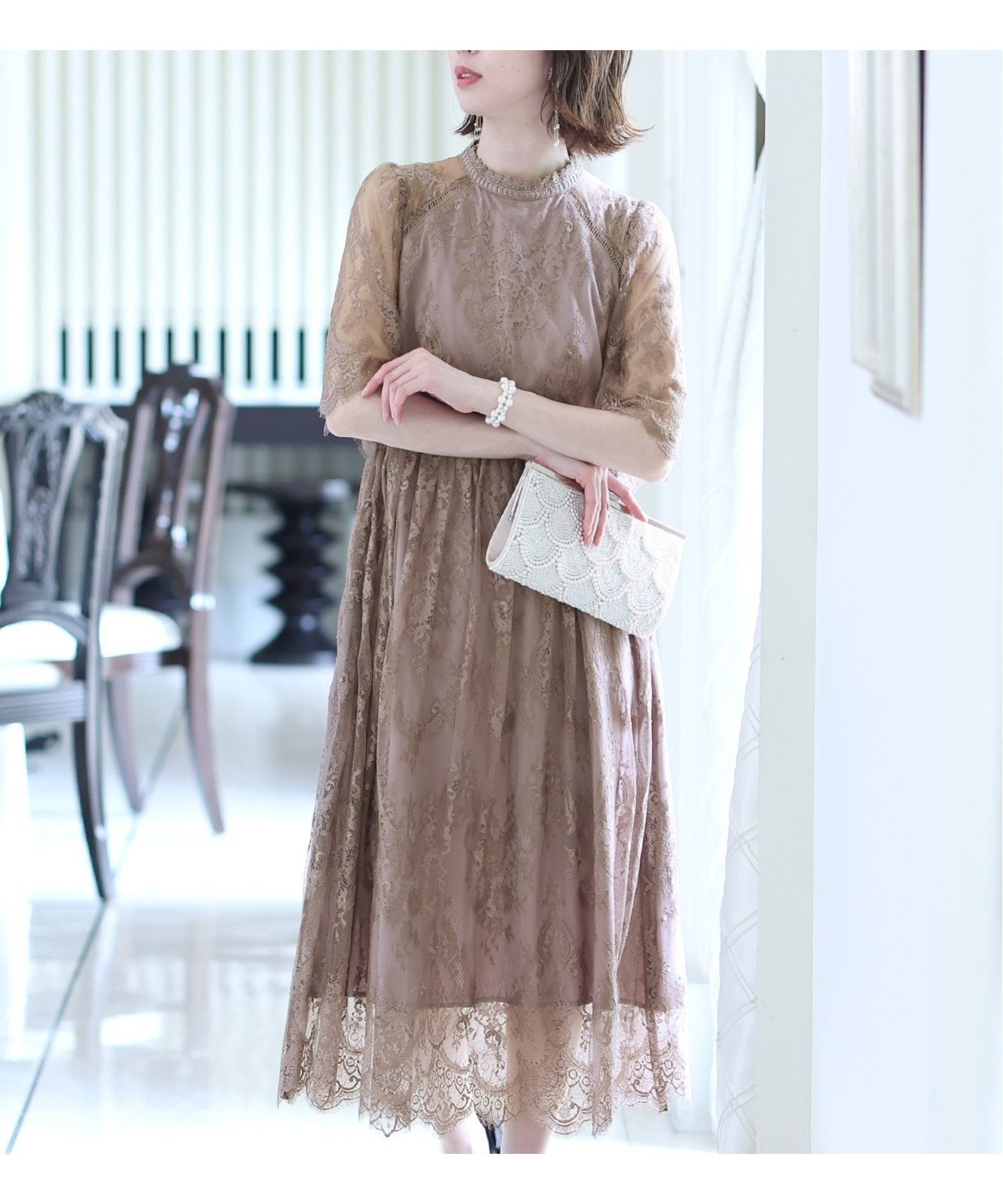 【プールヴー/PourVous】のオケージョンドレスお呼ばれ ワンピース結婚式 フォーマル同窓会 パーティードレス インテリア・キッズ・メンズ・レディースファッション・服の通販 founy(ファニー) 　ファッション　Fashion　レディースファッション　Fashion for Women　ワンピース　Dresses　フォーマル・パーティードレス・結婚式用ドレス　Elegant & Casual Dresses　ギャザー　Gathered, Ruffled　クラシカル　Classical, Vintage-Inspired　シアー　Sheer, See-Through　スカラップ　Scallop, Scalloped Edge　ドレス　Dress, One-Piece　フォーマル　Formal, Dressy　レース　Lace, Lace Fabric　楽ちん　Easy Fit, Comfortable　おすすめ　Recommended / Our Picks　セレモニー　Ceremony　結婚式　Wedding　二次会　After Party　グレージュ|ID: prp329100004932925 ipo3291000000037025882