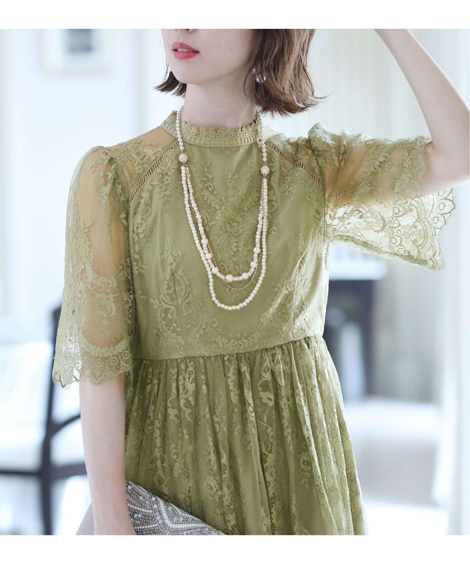 【プールヴー/PourVous】のオケージョンドレスお呼ばれ ワンピース結婚式 フォーマル同窓会 パーティードレス インテリア・キッズ・メンズ・レディースファッション・服の通販 founy(ファニー) 　ファッション　Fashion　レディースファッション　Fashion for Women　ワンピース　Dresses　フォーマル・パーティードレス・結婚式用ドレス　Elegant & Casual Dresses　ギャザー　Gathered, Ruffled　クラシカル　Classical, Vintage-Inspired　シアー　Sheer, See-Through　スカラップ　Scallop, Scalloped Edge　ドレス　Dress, One-Piece　フォーマル　Formal, Dressy　レース　Lace, Lace Fabric　楽ちん　Easy Fit, Comfortable　おすすめ　Recommended / Our Picks　セレモニー　Ceremony　結婚式　Wedding　二次会　After Party　ライトカーキ|ID: prp329100004932925 ipo3291000000037025894