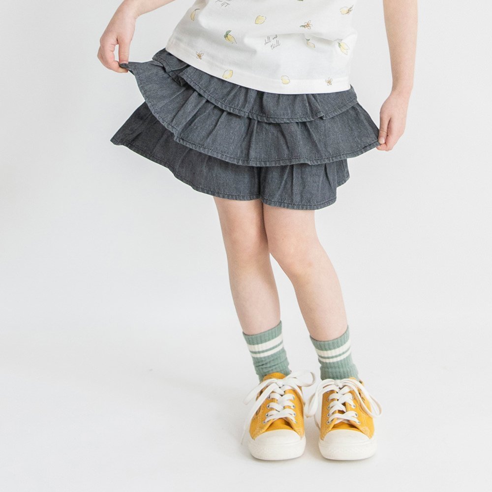 【ブランシェス/branshes / KIDS】のフリルスカート風ショートパンツ インテリア・キッズ・メンズ・レディースファッション・服の通販 founy(ファニー) 　ファッション　Fashion　キッズファッション　Fashion for Kids　ボトムス　Bottoms　ガーリー　Girly, Feminine Style　ギンガム　Gingham, Gingham Fabric　ショート　Short, Short Length　チェック　Check, Plaid, Tartan　デニム　Denim, Jeans Material　フリル　Frill, Ruffle　ポケット　Pocket, Pocket Detail　無地　Plain, Solid Color　チャコールグレー|ID: prp329100004932989 ipo3291000000037026369