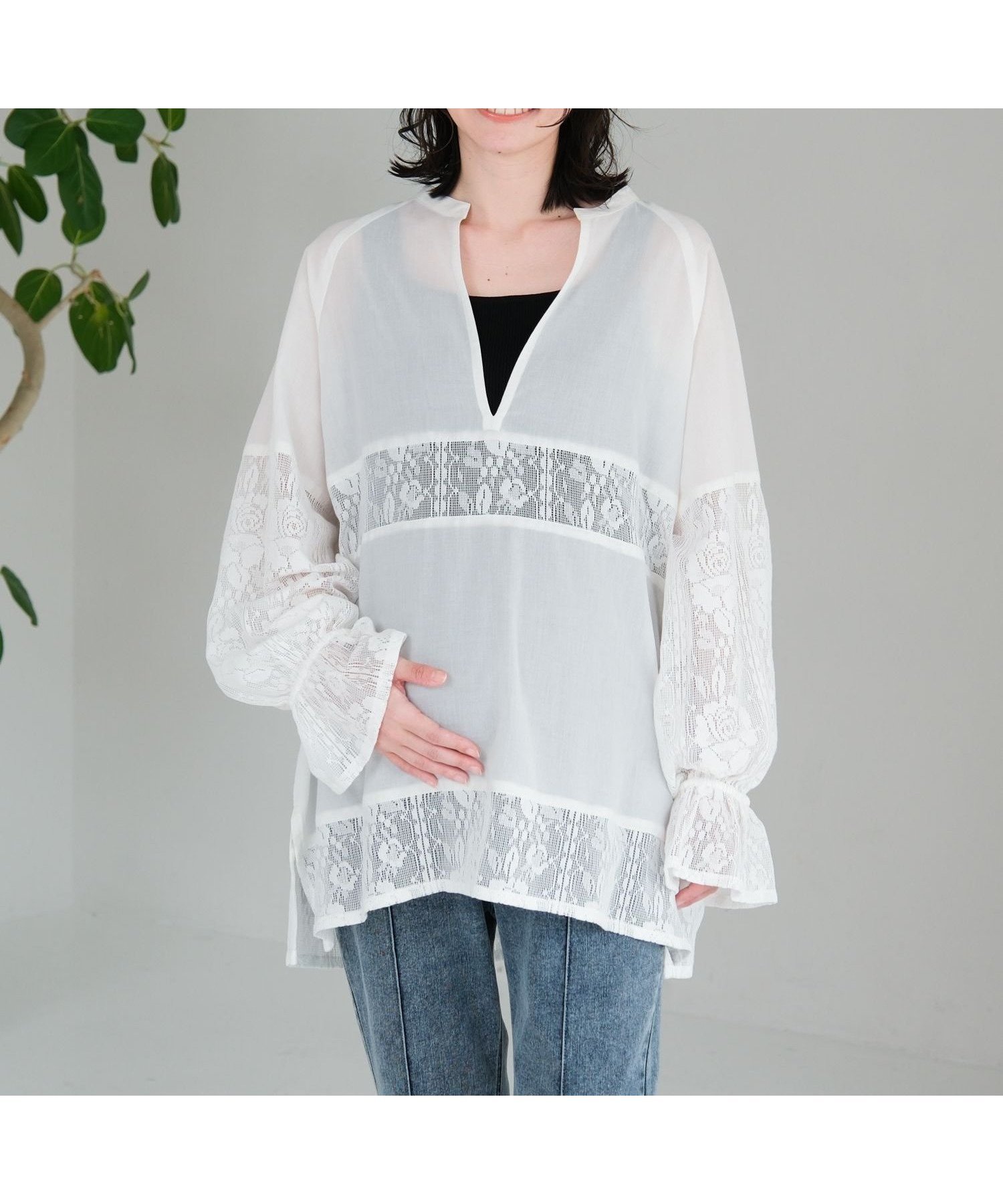 【レプシィム ローリーズファーム/LEPSIM LOWRYS FARM】の【産前・産後対応】マタニティ/切り替えレースチュニックブラウス 人気、トレンドファッション・服の通販 founy(ファニー) 　ファッション　Fashion　キッズファッション　Fashion for Kids　スキッパー　Skipper, Open Collar　デニム　Denim, Jeans Material　レース　Lace, Lace Fabric　春　Spring　 other-1|ID: prp329100004933000 ipo3291000000037026424