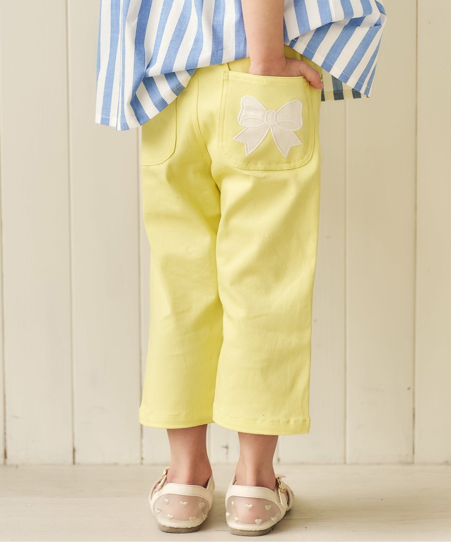 【エフオー オンラインストア/F.O.Online Store / KIDS】のリボンポケットきゅんパンツ(クロップド) 8分丈 インテリア・キッズ・メンズ・レディースファッション・服の通販 founy(ファニー) 　ファッション　Fashion　キッズファッション　Fashion for Kids　ボトムス　Bottoms　クロップド　Cropped, Short Length　ポケット　Pocket, Pocket Detail　リボン　Ribbon, Bow　イエロー|ID: prp329100004933023 ipo3291000000037026606