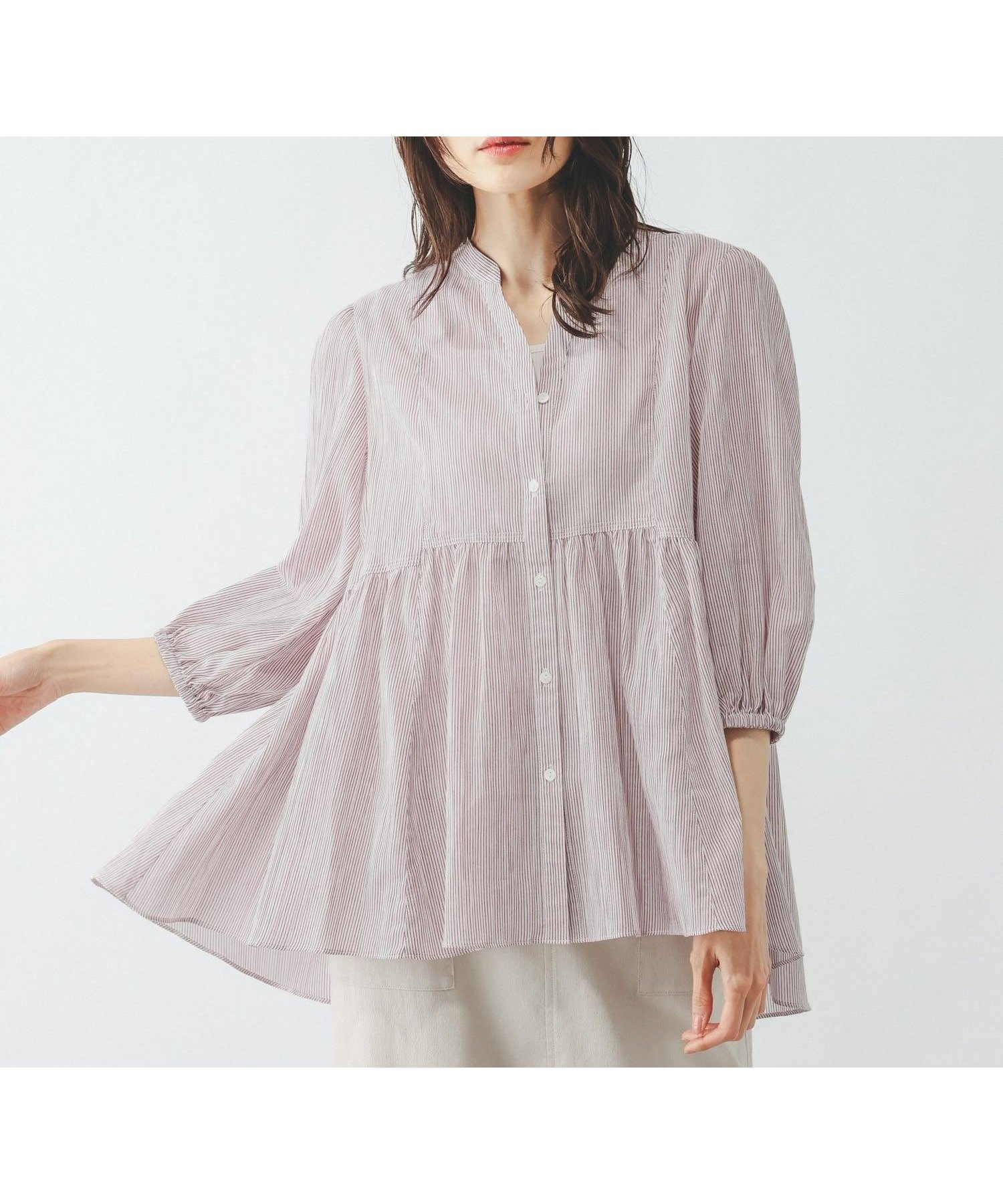 【グローバルワーク/GLOBAL WORK】のエアリーリラックス切り替えペプラムブラウス/636652 インテリア・キッズ・メンズ・レディースファッション・服の通販 founy(ファニー) 　ファッション　Fashion　レディースファッション　Fashion for Women　トップス・カットソー　Cut & Sew Tops　シャツ・ブラウス・オフィスカジュアル　Elegant Blouses & Button-Ups　おすすめ　Recommended / Our Picks　インナー　Innerwear　スキッパー　Skipper, Open Collar　ペプラム　Peplum, Flared Hem　ワイド　Wide, Wide Fit　羽織　Haori, Light Jacket　ボルドーストライプ10|ID: prp329100004933209 ipo3291000000037027857