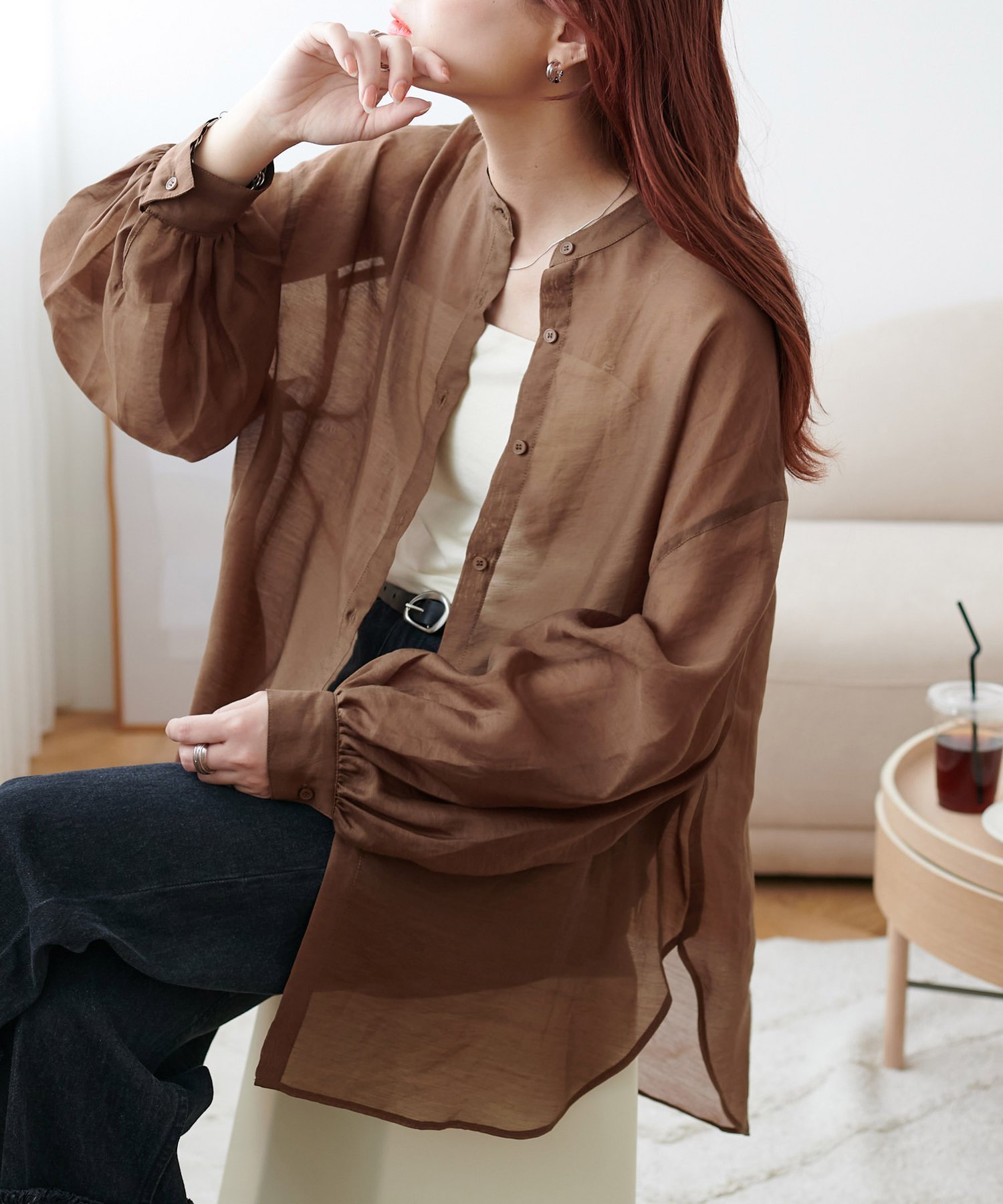 【ディスコート/Discoat】のシアーバンドカラーシャツ《WEB限定カラーあり》 インテリア・キッズ・メンズ・レディースファッション・服の通販 founy(ファニー) 　ファッション　Fashion　レディースファッション　Fashion for Women　トップス・カットソー　Cut & Sew Tops　シャツ・ブラウス・オフィスカジュアル　Elegant Blouses & Button-Ups　おすすめ　Recommended / Our Picks　キャミソール　Camisole, Spaghetti Strap Top　夏　Summer　春　Spring　S/S・春夏　SS, Spring/Summer, Warm Season　ブラウン|ID: prp329100004933215 ipo3291000000037027899