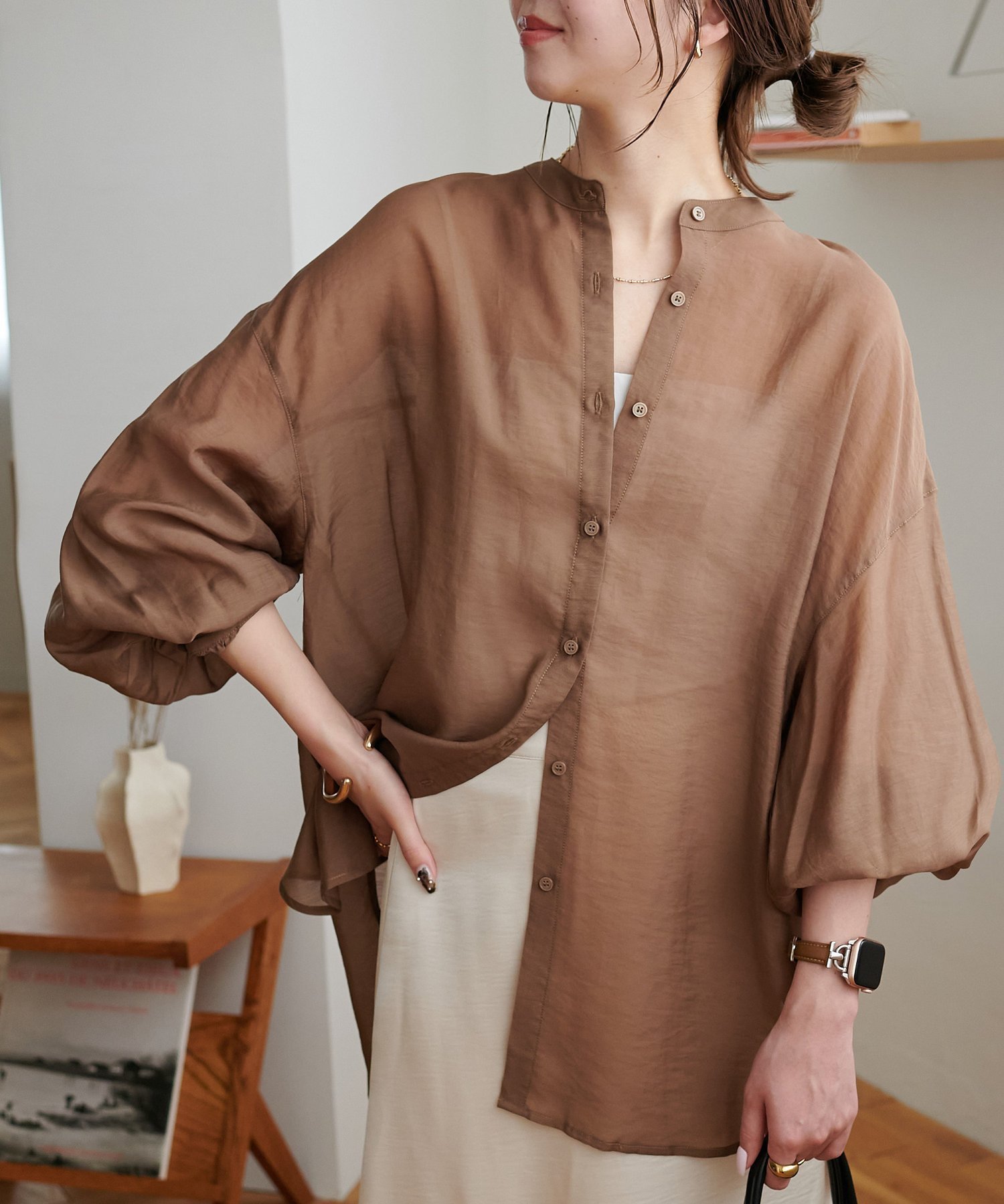 【ディスコート/Discoat】のシアーバンドカラーシャツ《WEB限定カラーあり》 インテリア・キッズ・メンズ・レディースファッション・服の通販 founy(ファニー) 　ファッション　Fashion　レディースファッション　Fashion for Women　トップス・カットソー　Cut & Sew Tops　シャツ・ブラウス・オフィスカジュアル　Elegant Blouses & Button-Ups　おすすめ　Recommended / Our Picks　キャミソール　Camisole, Spaghetti Strap Top　夏　Summer　春　Spring　S/S・春夏　SS, Spring/Summer, Warm Season　モカ|ID: prp329100004933215 ipo3291000000037027902