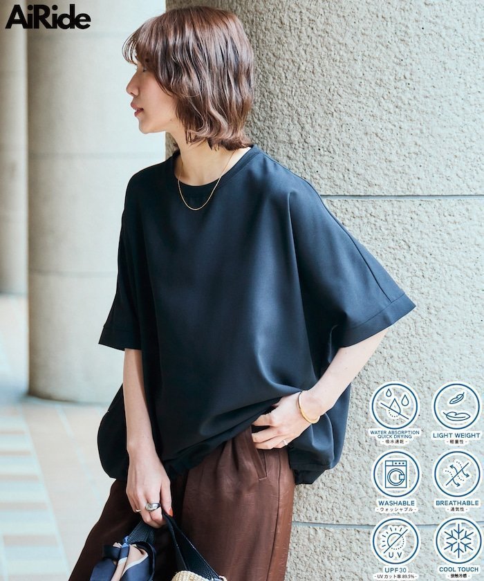 【フリークスストア/FREAK'S STORE】の限定展開 UVカット・接触冷感・吸水速乾 AiRide(エアライド) ドルマンスリーブ 半袖 TEE インテリア・キッズ・メンズ・レディースファッション・服の通販 founy(ファニー) 　ファッション　Fashion　レディースファッション　Fashion for Women　トップス・カットソー　Cut & Sew Tops　洗える　Machine Washable　吸水　Absorbent, Quick-Dry　軽量　Lightweight, Ultra Light　シンプル　Simple, Minimal　ストレート　Straight, Straight Cut　デニム　Denim, Jeans Material　ドローコード　Drawcord, Drawstring Cord　バランス　Balance, Style Balance　フォルム　Silhouette, Form　ボトム　Bottoms, Lower Wear　半袖　Short Sleeve, Half Sleeve　リラックス　Relax, Relaxed Fit　S/S・春夏　SS, Spring/Summer, Warm Season　おすすめ　Recommended / Our Picks　夏　Summer　旅行　Travel　2026年　2026　ブラック|ID: prp329100004933222 ipo3291000000037027941