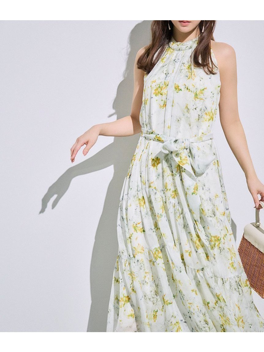 【フレイ アイディー/FRAY I.D】のホルターネックシアープリントワンピース インテリア・キッズ・メンズ・レディースファッション・服の通販 founy(ファニー) 　ファッション　Fashion　レディースファッション　Fashion for Women　ワンピース　Dresses　アシンメトリー　Asymmetrical Style　春　Spring　ギャザー　Gathered, Ruffled　今季　This Season, Current Season　シアー　Sheer, See-Through　スマート　Smart, Elegant　チューリップ　Tube, Tube Top　ティアード　Tiered, Tiered Style　人気　Popular, Best Seller　プリント　Print, Printed Pattern　ボタニカル　Botanical, Floral Pattern　ミックス　Mix, Mixed Style　リボン　Ribbon, Bow　おすすめ　Recommended / Our Picks　夏　Summer　YEL[032]|ID: prp329100004933265 ipo3291000000037028453
