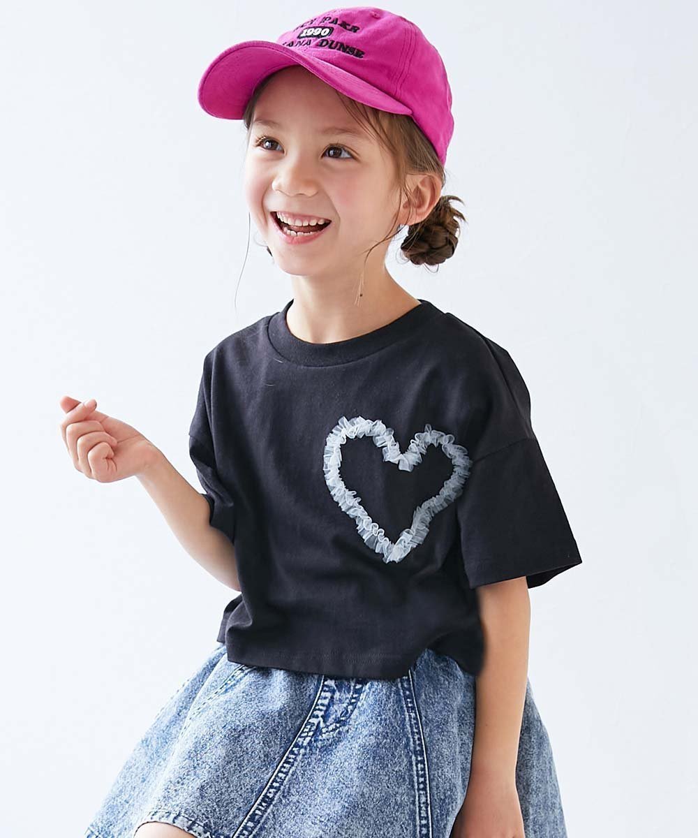 【デビロック/devirock / KIDS】のチュールモチーフ 半袖Tシャツ 子供服 キッズ 女の子 ハート リボン Tシャツ 26SS インテリア・キッズ・メンズ・レディースファッション・服の通販 founy(ファニー) 　ファッション　Fashion　キッズファッション　Fashion for Kids　チュール　Tulip, Tulip Motif　デニム　Denim, Jeans Material　トレンド　Trend, Trending Now　半袖　Short Sleeve, Half Sleeve　リボン　Ribbon, Bow　ワイド　Wide, Wide Fit　おすすめ　Recommended / Our Picks　2026年　2026　002-ブラック|ID: prp329100004933277 ipo3291000000037028595