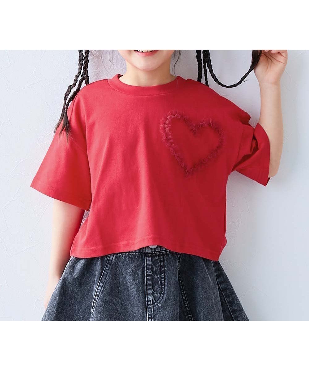 【デビロック/devirock / KIDS】のチュールモチーフ 半袖Tシャツ 子供服 キッズ 女の子 ハート リボン Tシャツ 26SS インテリア・キッズ・メンズ・レディースファッション・服の通販 founy(ファニー) 　ファッション　Fashion　キッズファッション　Fashion for Kids　チュール　Tulip, Tulip Motif　デニム　Denim, Jeans Material　トレンド　Trend, Trending Now　半袖　Short Sleeve, Half Sleeve　リボン　Ribbon, Bow　ワイド　Wide, Wide Fit　おすすめ　Recommended / Our Picks　2026年　2026　006-ハート-レッド|ID: prp329100004933277 ipo3291000000037028598