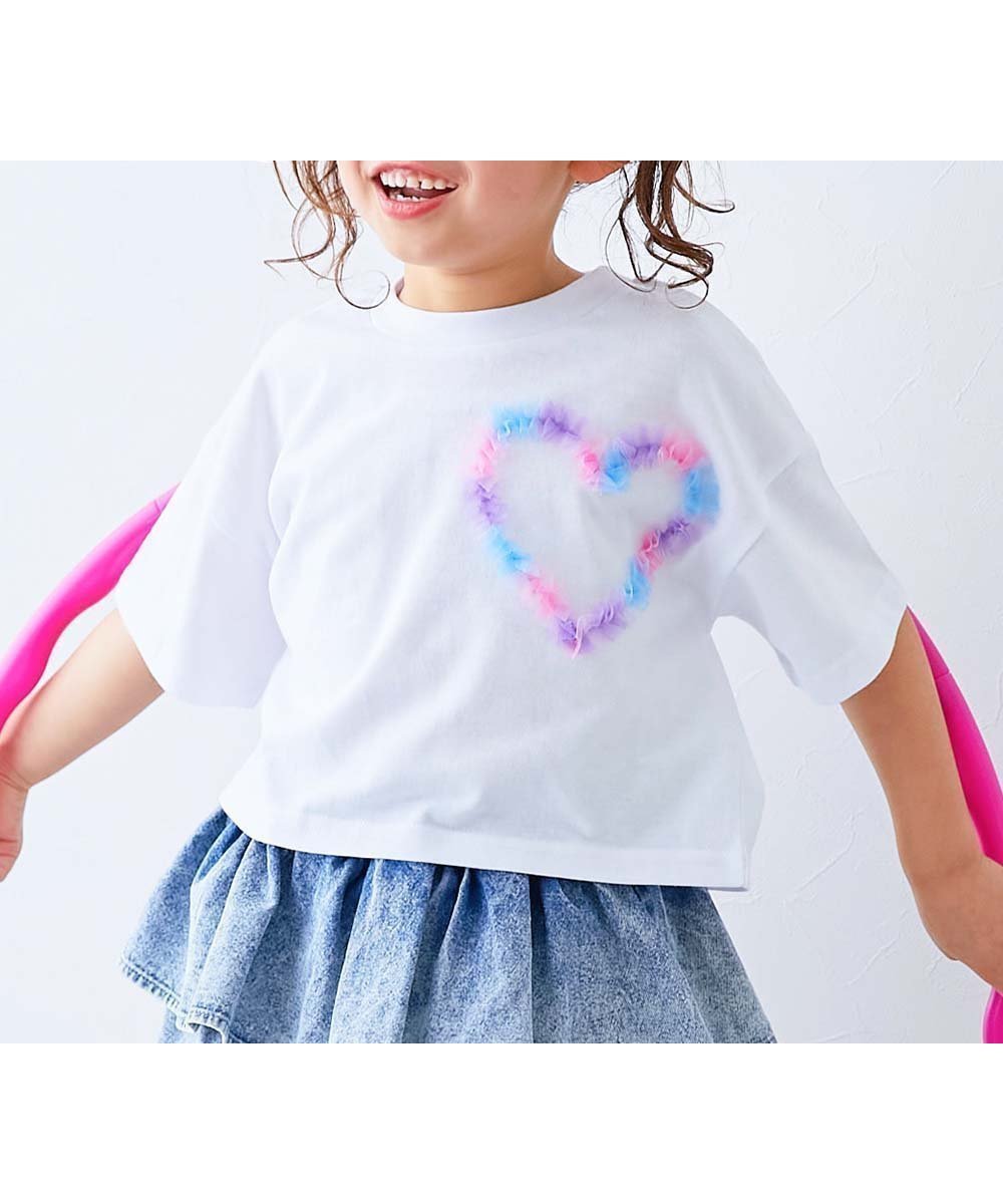 【デビロック/devirock / KIDS】のチュールモチーフ 半袖Tシャツ 子供服 キッズ 女の子 ハート リボン Tシャツ 26SS インテリア・キッズ・メンズ・レディースファッション・服の通販 founy(ファニー) 　ファッション　Fashion　キッズファッション　Fashion for Kids　チュール　Tulip, Tulip Motif　デニム　Denim, Jeans Material　トレンド　Trend, Trending Now　半袖　Short Sleeve, Half Sleeve　リボン　Ribbon, Bow　ワイド　Wide, Wide Fit　おすすめ　Recommended / Our Picks　2026年　2026　010-ハート-ホワイト2|ID: prp329100004933277 ipo3291000000037028602