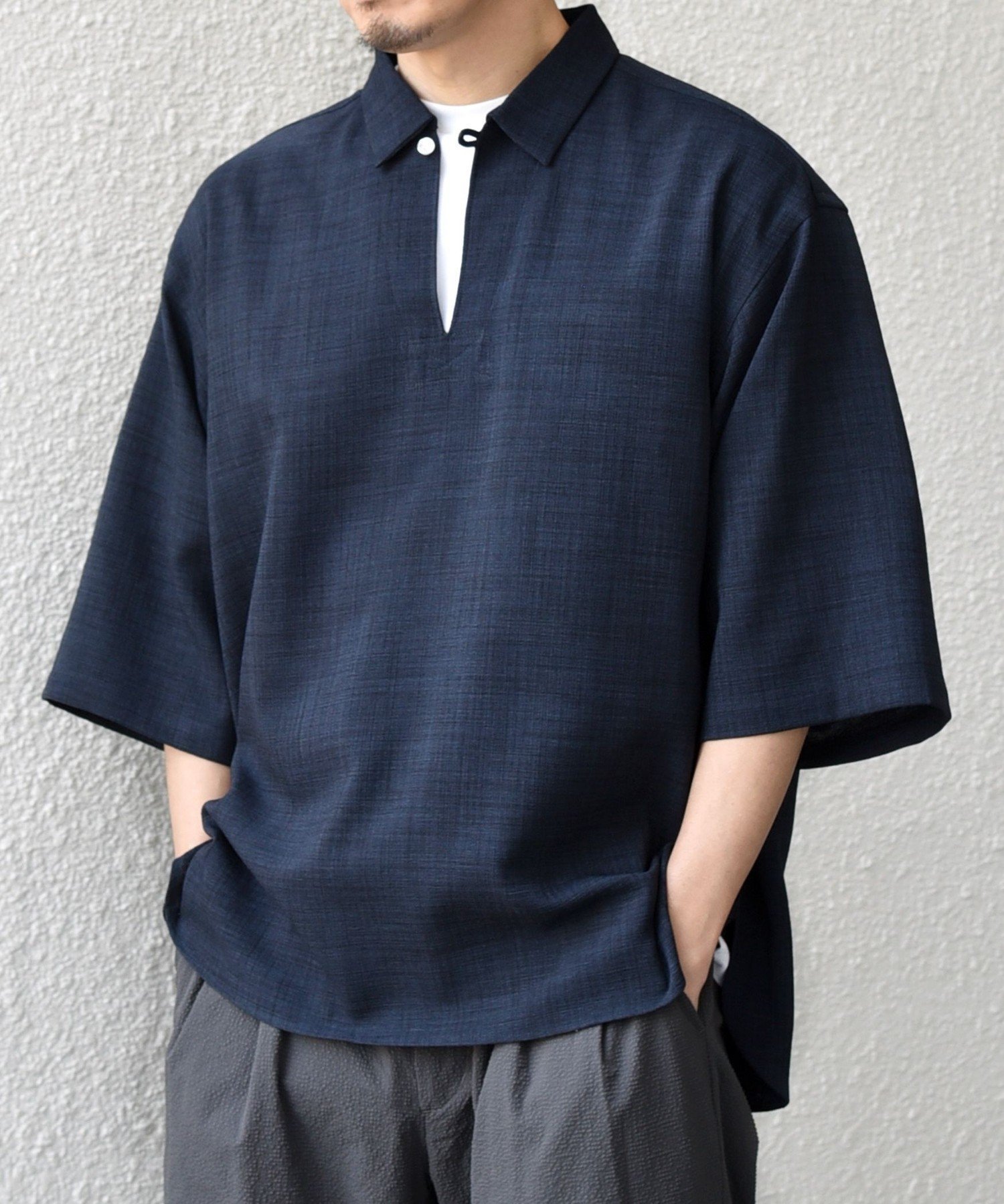 【シップス/SHIPS / MEN】のSHIPS any UVカット FUTURE LINEN CANVAS リネンライク スキッパー プルオーバーシャツ インテリア・キッズ・メンズ・レディースファッション・服の通販 founy(ファニー) 　ファッション　Fashion　メンズファッション　Fashion for Men　トップス・カットソー　Cut & Sew Tops　メンズシャツ　Shirts　スキッパー　Skipper, Open Collar　セットアップ　Set-Up, Coordinated Outfit　テクスチャー　Texture, Textured Fabric　定番　Standard, Basic Item　人気　Popular, Best Seller　フロント　Front, Front Design　リゾート　Resort, Vacation Style　リラックス　Relax, Relaxed Fit　夏　Summer　ネイビー|ID: prp329100004933326 ipo3291000000037028957
