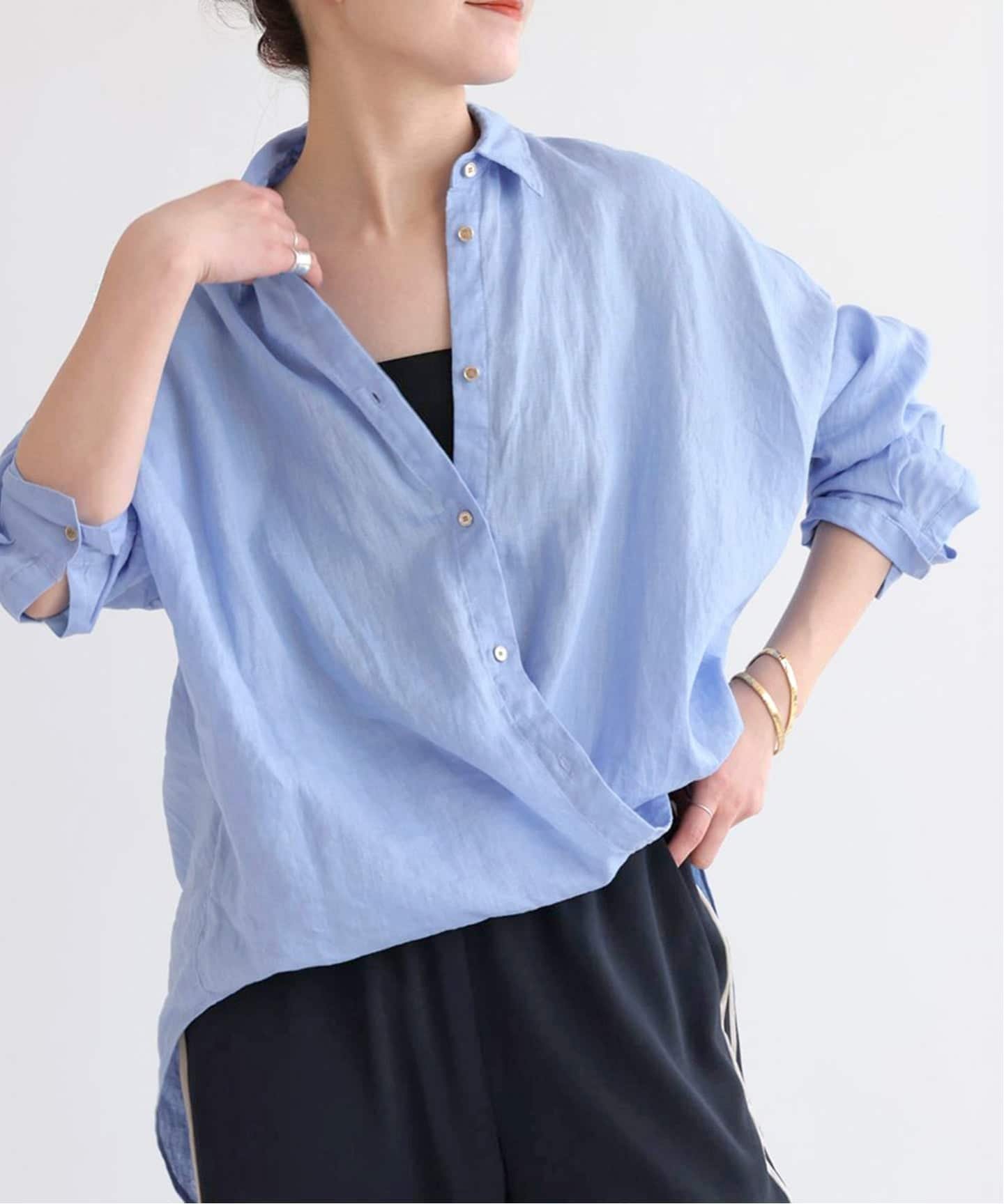 【スピック&スパン/Spick & Span】の《ゆったりサイズ》追加 80リネンカシュクール ビッグシャツ インテリア・キッズ・メンズ・レディースファッション・服の通販 founy(ファニー) 　ファッション　Fashion　レディースファッション　Fashion for Women　トップス・カットソー　Cut & Sew Tops　シャツ・ブラウス・オフィスカジュアル　Elegant Blouses & Button-Ups　イエロー　Yellow　インナー　Innerwear　オレンジ　Orange　カシュクール　Wrap Design　ストライプ　Stripe, Striped Pattern　タンク　Tank Top, Sleeveless Top　定番　Standard, Basic Item　ビッグ　Big, Oversized　リネン　Linen, Linen Fabric　リラックス　Relax, Relaxed Fit　再入荷　Restock / Back in Stock　おすすめ　Recommended / Our Picks　エレガント 上品　Elegant　サックスブルー|ID: prp329100004933358 ipo3291000000037029186