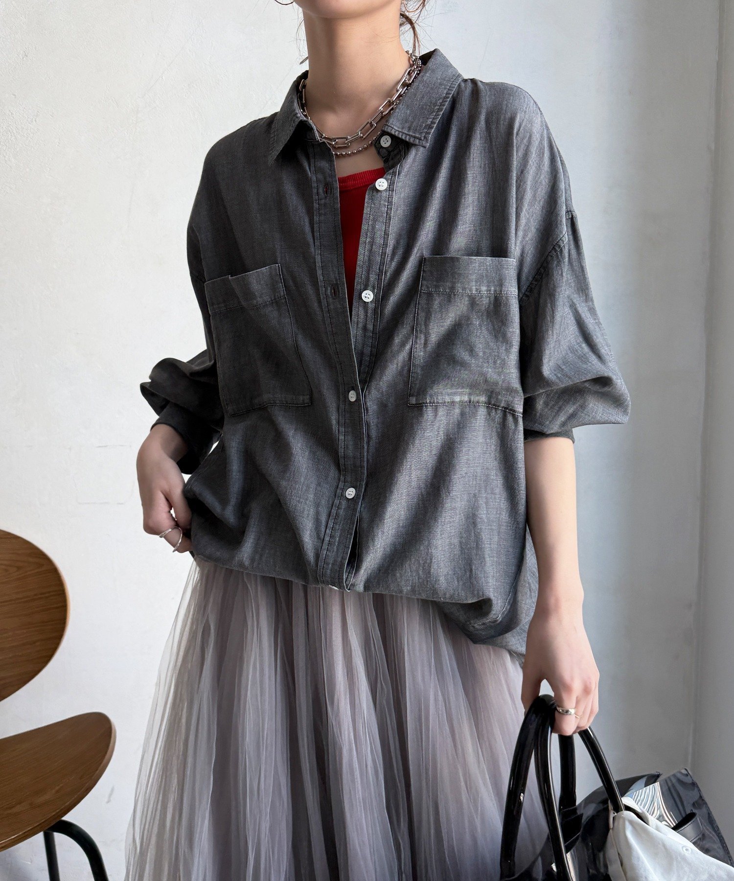 【ドゥドゥ/DouDou】の袖リブシアーデニムシャツ インテリア・キッズ・メンズ・レディースファッション・服の通販 founy(ファニー) 　ファッション　Fashion　レディースファッション　Fashion for Women　トップス・カットソー　Cut & Sew Tops　シャツ・ブラウス・オフィスカジュアル　Elegant Blouses & Button-Ups　シアー　Sheer, See-Through　スマート　Smart, Elegant　デニム　Denim, Jeans Material　S/S・春夏　SS, Spring/Summer, Warm Season　再入荷　Restock / Back in Stock　夏　Summer　2026年　2026　ブラック|ID: prp329100004933365 ipo3291000000037029278