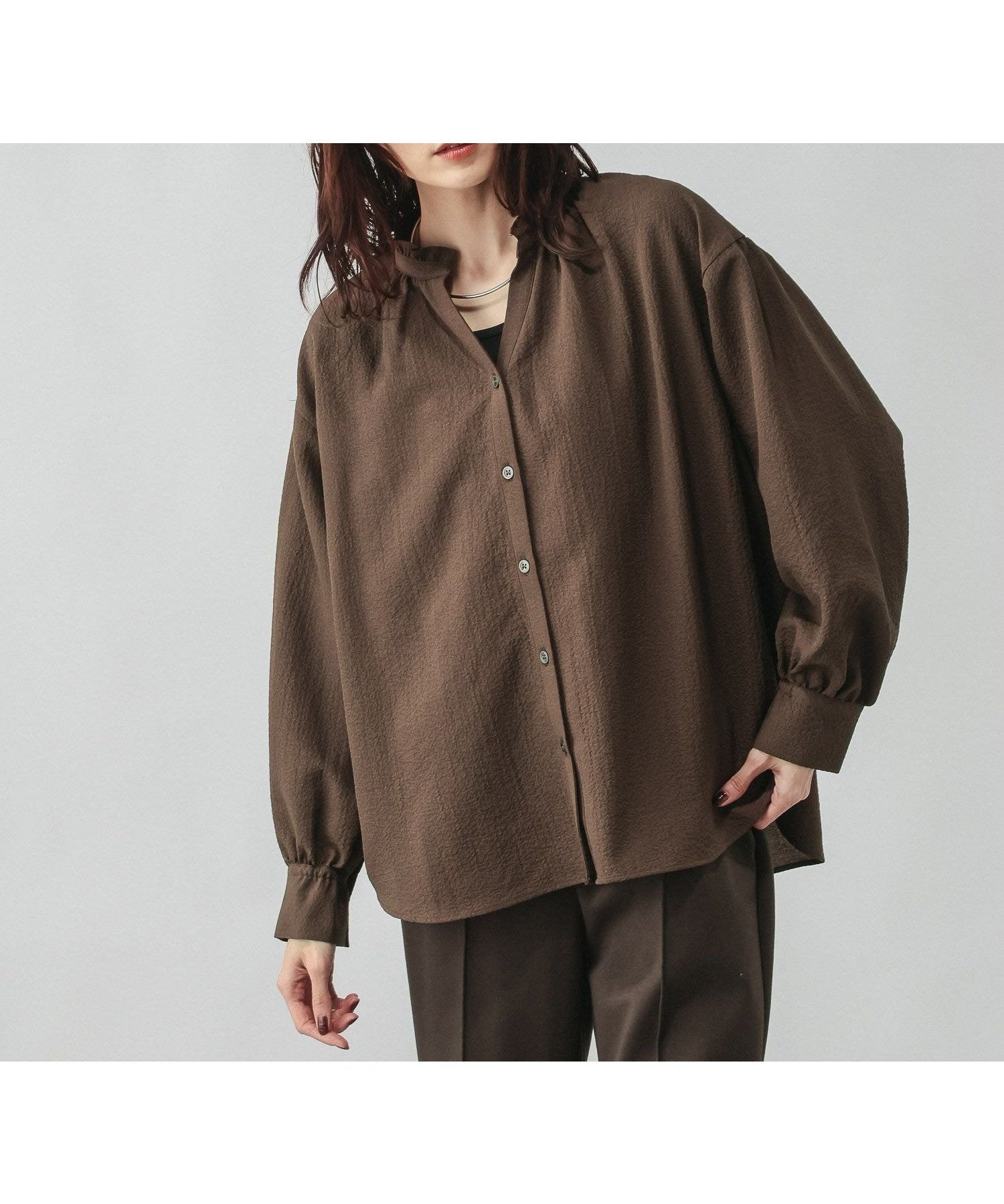 【グローバルワーク/GLOBAL WORK】のスキッパーブラウス長袖/601062 インテリア・キッズ・メンズ・レディースファッション・服の通販 founy(ファニー) 　ファッション　Fashion　レディースファッション　Fashion for Women　トップス・カットソー　Cut & Sew Tops　シャツ・ブラウス・オフィスカジュアル　Elegant Blouses & Button-Ups　おすすめ　Recommended / Our Picks　オケージョン　Occasion Wear　ジャケット　Jacket, Outerwear　スウェット / スエット　Sweatshirt, Sweatwear　スキッパー　Skipper, Open Collar　セレモニー　Ceremony　フリル　Frill, Ruffle　ワイド　Wide, Wide Fit　ビジネス 仕事 通勤　Business / Work / Commuting　羽織　Haori, Light Jacket　長袖　Long Sleeve, Full Sleeve　ブラウン56|ID: prp329100004933368 ipo3291000000037029311