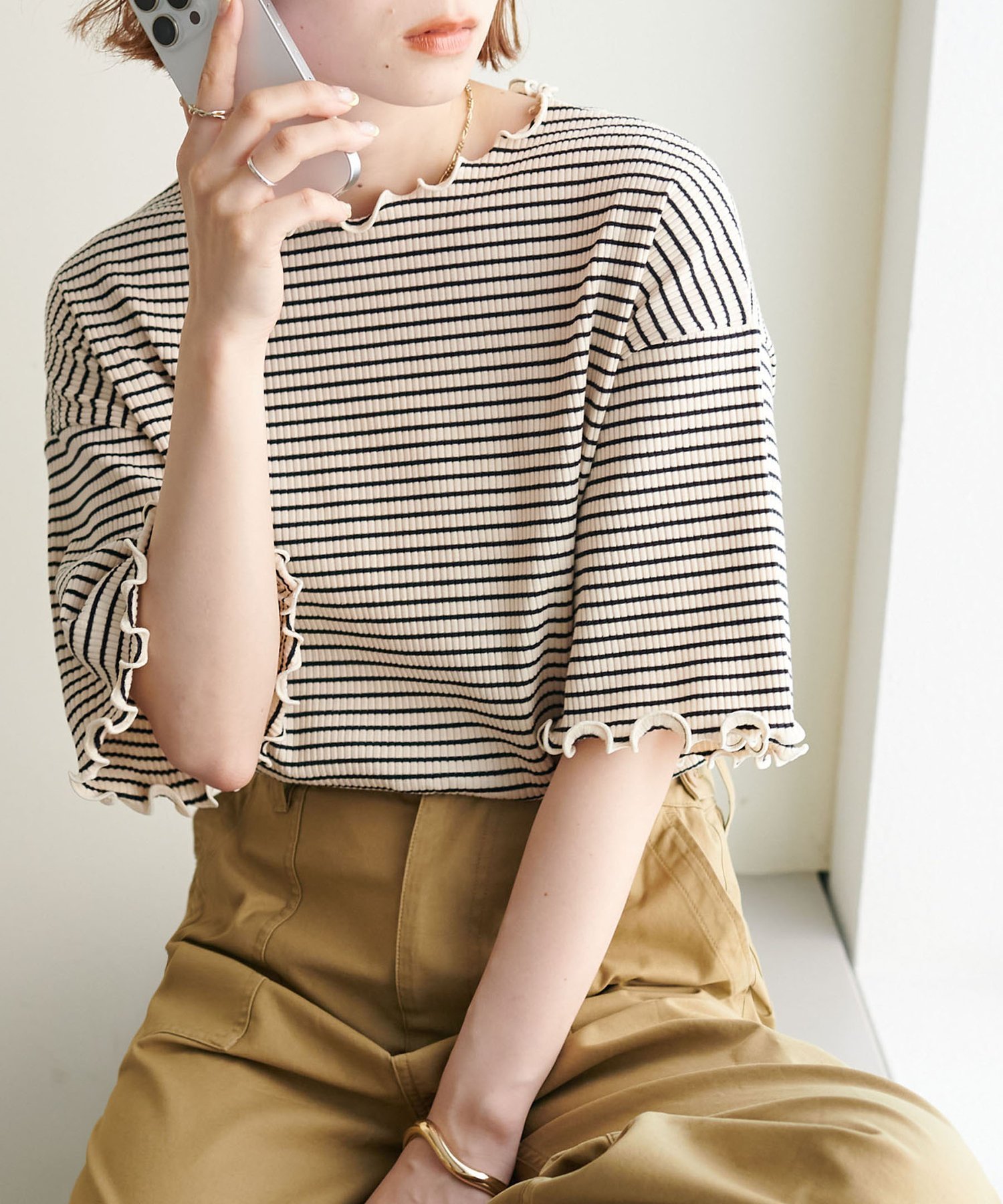 【ディスコート/Discoat】の【二の腕カバーにも◎】リブメローフレア5分袖≪WEB限定≫ 人気、トレンドファッション・服の通販 founy(ファニー) 　ファッション　Fashion　レディースファッション　Fashion for Women　トップス・カットソー　Cut & Sew Tops　シンプル　Simple, Minimal　パターン　Pattern, Design Print　フリル　Frill, Ruffle　ボーダー　Border, Stripe　無地　Plain, Solid Color　 other-1|ID: prp329100004933369 ipo3291000000037029312