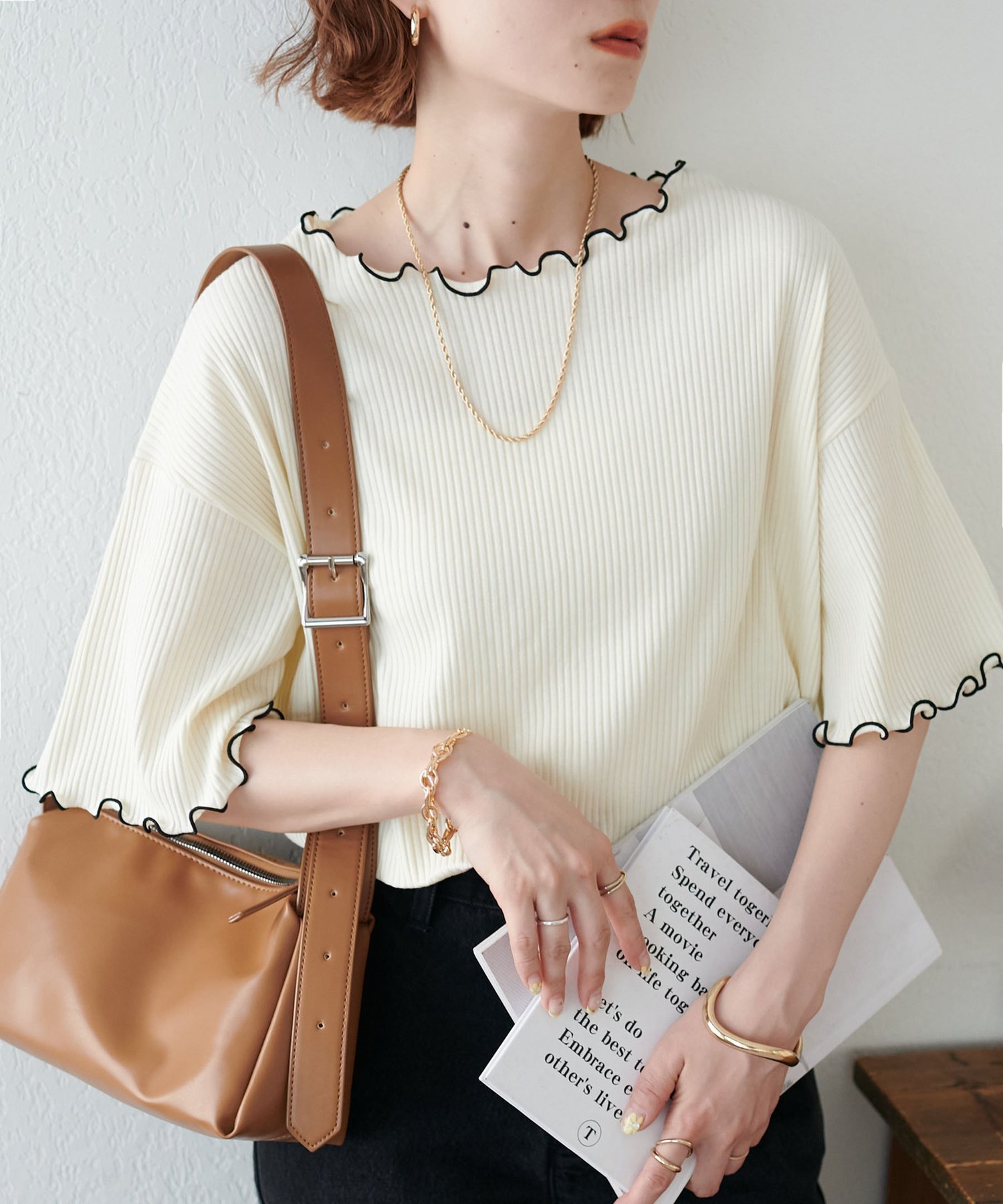 【ディスコート/Discoat】の【二の腕カバーにも◎】リブメローフレア5分袖≪WEB限定≫ インテリア・キッズ・メンズ・レディースファッション・服の通販 founy(ファニー) 　ファッション　Fashion　レディースファッション　Fashion for Women　トップス・カットソー　Cut & Sew Tops　シンプル　Simple, Minimal　パターン　Pattern, Design Print　フリル　Frill, Ruffle　ボーダー　Border, Stripe　無地　Plain, Solid Color　エクリュ|ID: prp329100004933369 ipo3291000000037029316