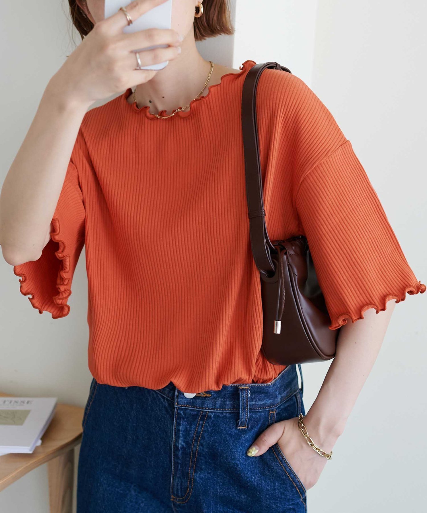【ディスコート/Discoat】の【二の腕カバーにも◎】リブメローフレア5分袖≪WEB限定≫ インテリア・キッズ・メンズ・レディースファッション・服の通販 founy(ファニー) 　ファッション　Fashion　レディースファッション　Fashion for Women　トップス・カットソー　Cut & Sew Tops　シンプル　Simple, Minimal　パターン　Pattern, Design Print　フリル　Frill, Ruffle　ボーダー　Border, Stripe　無地　Plain, Solid Color　オレンジ|ID: prp329100004933369 ipo3291000000037029319