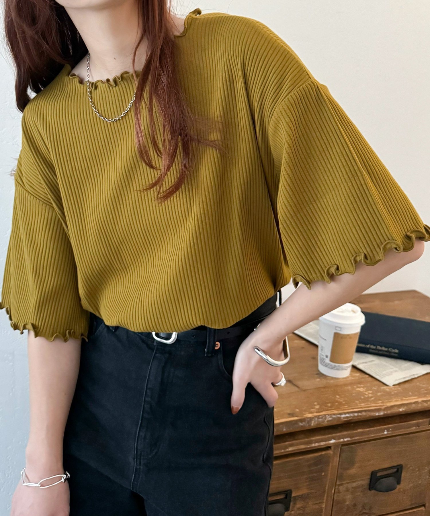 【ディスコート/Discoat】の【二の腕カバーにも◎】リブメローフレア5分袖≪WEB限定≫ インテリア・キッズ・メンズ・レディースファッション・服の通販 founy(ファニー) 　ファッション　Fashion　レディースファッション　Fashion for Women　トップス・カットソー　Cut & Sew Tops　シンプル　Simple, Minimal　パターン　Pattern, Design Print　フリル　Frill, Ruffle　ボーダー　Border, Stripe　無地　Plain, Solid Color　グリーンイエロー|ID: prp329100004933369 ipo3291000000037029320