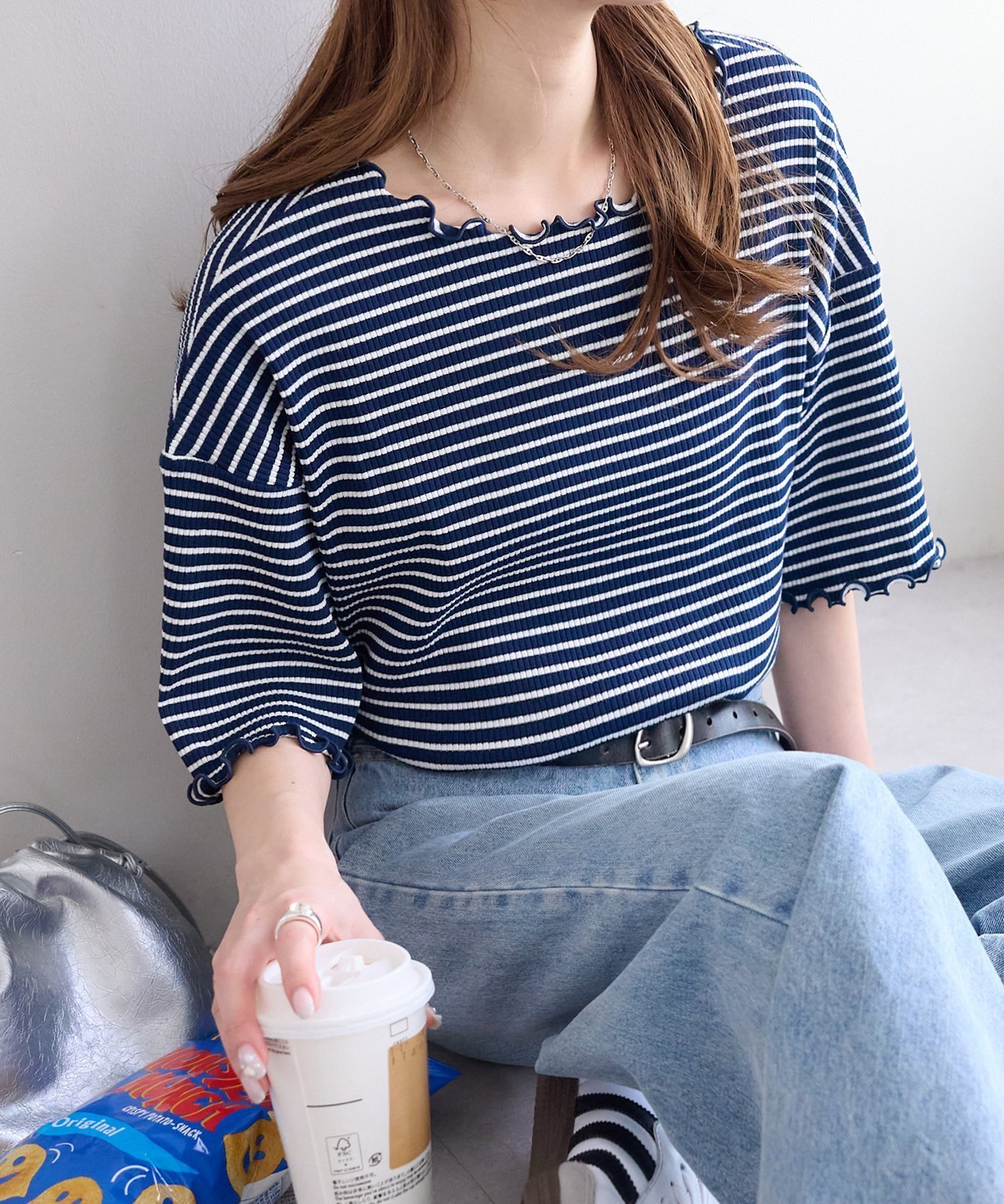 【ディスコート/Discoat】の【二の腕カバーにも◎】リブメローフレア5分袖≪WEB限定≫ インテリア・キッズ・メンズ・レディースファッション・服の通販 founy(ファニー) 　ファッション　Fashion　レディースファッション　Fashion for Women　トップス・カットソー　Cut & Sew Tops　シンプル　Simple, Minimal　パターン　Pattern, Design Print　フリル　Frill, Ruffle　ボーダー　Border, Stripe　無地　Plain, Solid Color　インディゴブルー|ID: prp329100004933369 ipo3291000000037029325