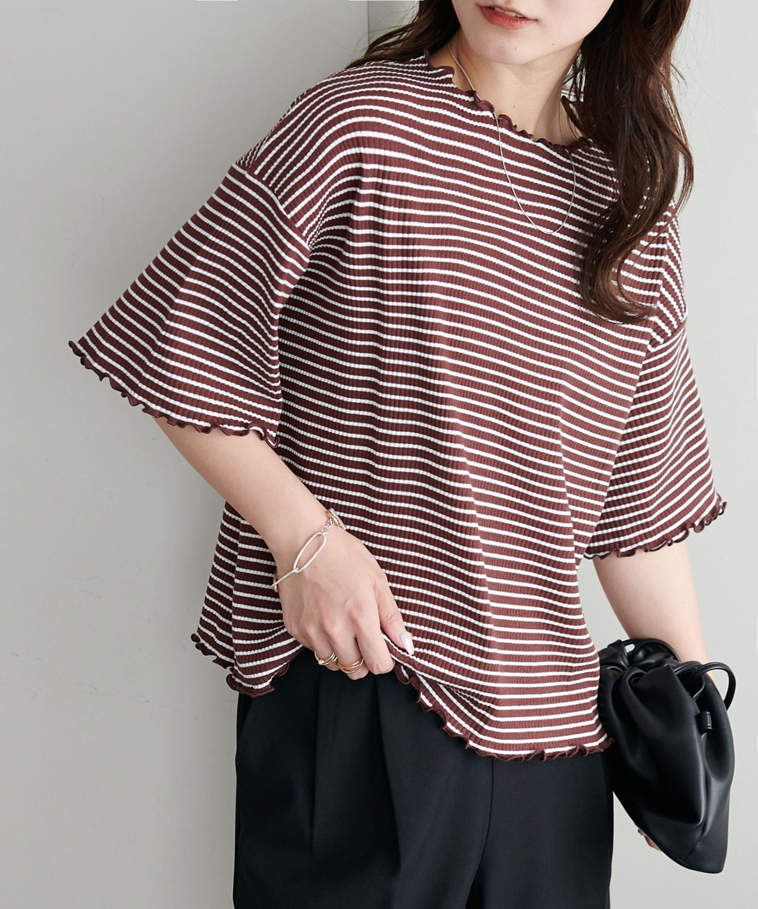 【ディスコート/Discoat】の【二の腕カバーにも◎】リブメローフレア5分袖≪WEB限定≫ インテリア・キッズ・メンズ・レディースファッション・服の通販 founy(ファニー) 　ファッション　Fashion　レディースファッション　Fashion for Women　トップス・カットソー　Cut & Sew Tops　シンプル　Simple, Minimal　パターン　Pattern, Design Print　フリル　Frill, Ruffle　ボーダー　Border, Stripe　無地　Plain, Solid Color　ブラウンその他2|ID: prp329100004933369 ipo3291000000037029328