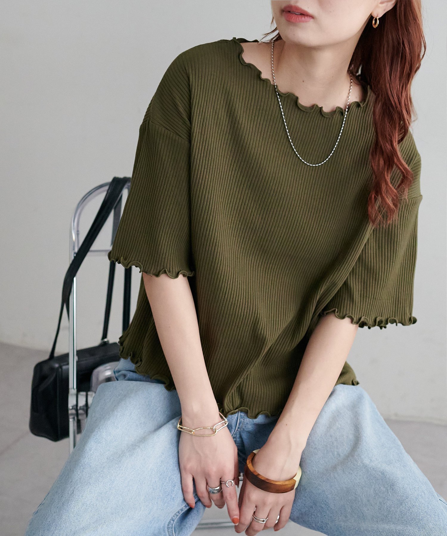 【ディスコート/Discoat】の【二の腕カバーにも◎】リブメローフレア5分袖≪WEB限定≫ インテリア・キッズ・メンズ・レディースファッション・服の通販 founy(ファニー) 　ファッション　Fashion　レディースファッション　Fashion for Women　トップス・カットソー　Cut & Sew Tops　シンプル　Simple, Minimal　パターン　Pattern, Design Print　フリル　Frill, Ruffle　ボーダー　Border, Stripe　無地　Plain, Solid Color　カーキ|ID: prp329100004933369 ipo3291000000037029329