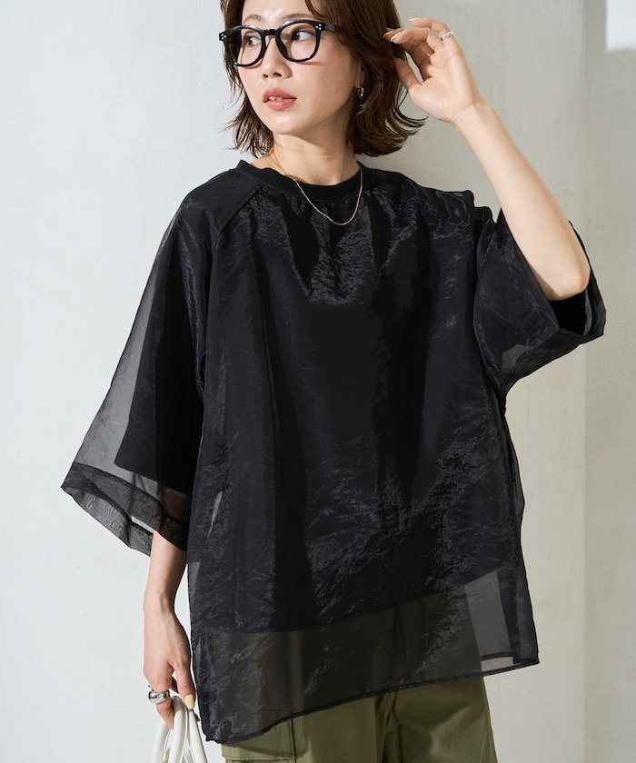 【フリークスストア/FREAK'S STORE】の限定展開 オーガンジー × カットソー 重ね ラグラン 半袖 Tシャツ インテリア・キッズ・メンズ・レディースファッション・服の通販 founy(ファニー) 　ファッション　Fashion　レディースファッション　Fashion for Women　トップス・カットソー　Cut & Sew Tops　シャツ・ブラウス・オフィスカジュアル　Elegant Blouses & Button-Ups　ロングTシャツ・Tシャツ　Longline T-Shirts & Tees　カットソー・ベーシックTシャツ　Cut-and-Sewn Tops / Stretch Tees & Basics　2026年　2026　オーガンジー　Organza Fabric　カットソー　Cut and Sewn Top　シアー　Sheer, See-Through　スリーブ　Sleeve, Long Sleeve / Short Sleeve　トレンド　Trend, Trending Now　バランス　Balance, Style Balance　エレガント 上品　Elegant　半袖　Short Sleeve, Half Sleeve　夏　Summer　S/S・春夏　SS, Spring/Summer, Warm Season　ブラック|ID: prp329100004933462 ipo3291000000037029816