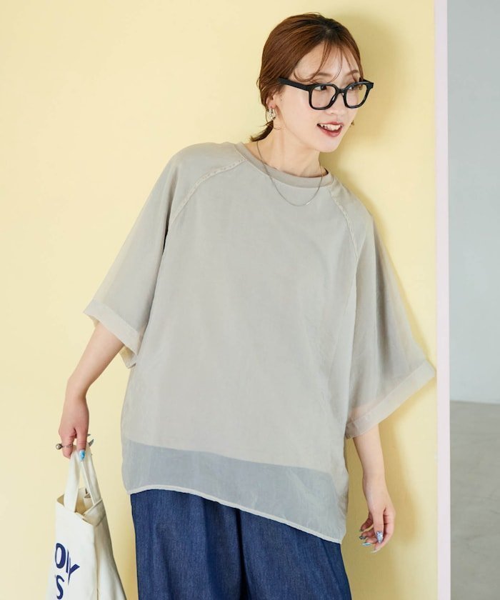 【フリークスストア/FREAK'S STORE】の限定展開 オーガンジー × カットソー 重ね ラグラン 半袖 Tシャツ インテリア・キッズ・メンズ・レディースファッション・服の通販 founy(ファニー) 　ファッション　Fashion　レディースファッション　Fashion for Women　トップス・カットソー　Cut & Sew Tops　シャツ・ブラウス・オフィスカジュアル　Elegant Blouses & Button-Ups　ロングTシャツ・Tシャツ　Longline T-Shirts & Tees　カットソー・ベーシックTシャツ　Cut-and-Sewn Tops / Stretch Tees & Basics　2026年　2026　オーガンジー　Organza Fabric　カットソー　Cut and Sewn Top　シアー　Sheer, See-Through　スリーブ　Sleeve, Long Sleeve / Short Sleeve　トレンド　Trend, Trending Now　バランス　Balance, Style Balance　エレガント 上品　Elegant　半袖　Short Sleeve, Half Sleeve　夏　Summer　S/S・春夏　SS, Spring/Summer, Warm Season　ベージュ|ID: prp329100004933462 ipo3291000000037029817