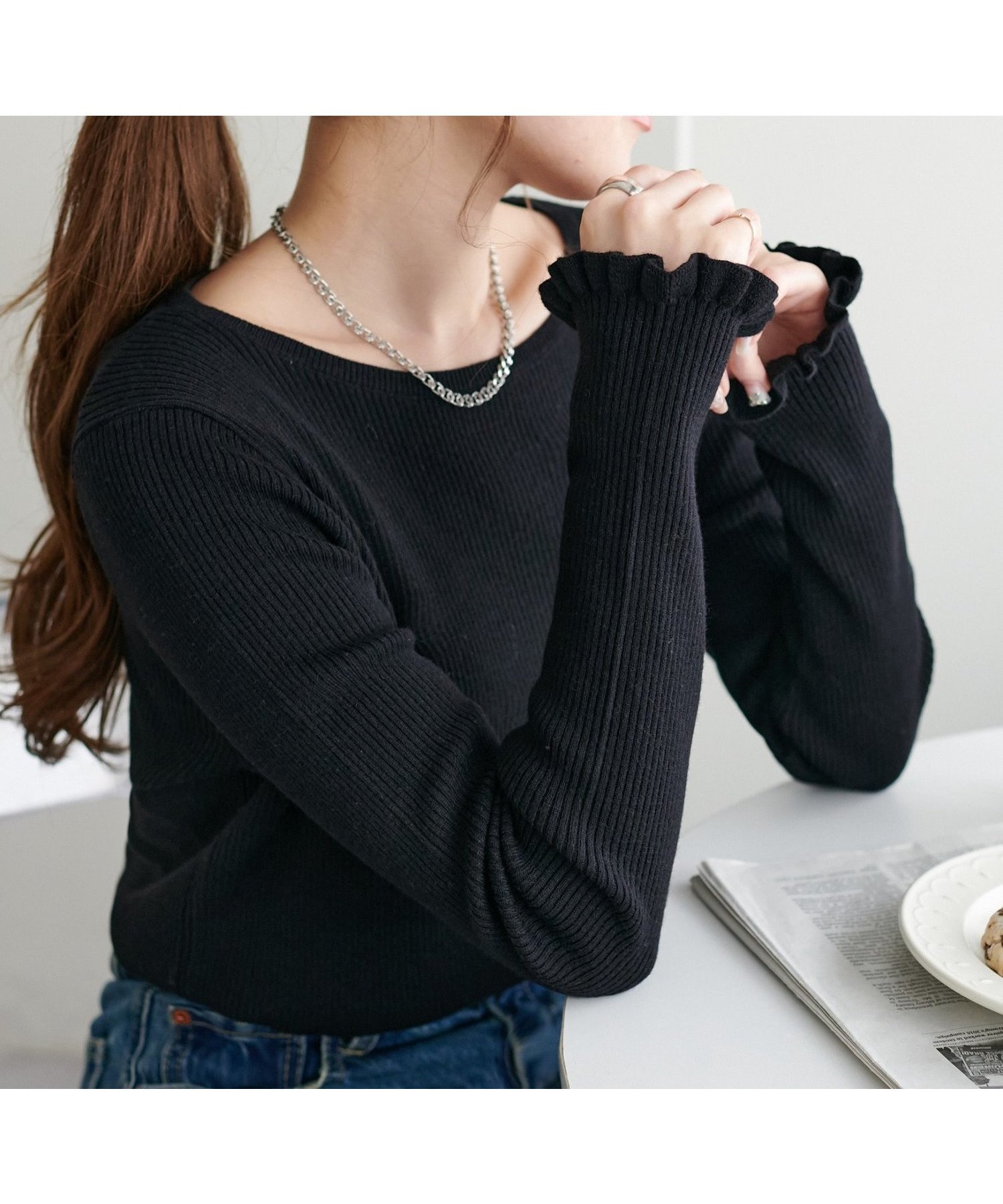 【ディスコート/Discoat】の【着回し力◎/手洗い可能】袖口フリルプルオーバー《WEB限定》 インテリア・キッズ・メンズ・レディースファッション・服の通販 founy(ファニー) 　ファッション　Fashion　レディースファッション　Fashion for Women　トップス・カットソー　Cut & Sew Tops　カジュアルプルオーバー・ニットトップス　Pullovers & Knit Tops / Casual Pullovers　おすすめ　Recommended / Our Picks　インナー　Innerwear　キャミワンピース　Cami Dress, Slip Dress　シンプル　Simple, Minimal　ジャケット　Jacket, Outerwear　フリル　Frill, Ruffle　ベロア　Velour, Soft Velvet　リブニット　Rib Knit, Ribbed Knit　ブラック|ID: prp329100004933552 ipo3291000000037030252