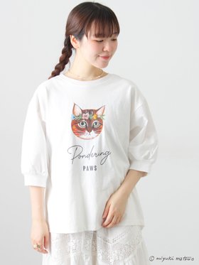 【サマンサモスモス/Samansa Mos2】の【miyuki matsuo*Samansa Mos2】別布切替T 人気、トレンドファッション・服の通販 founy(ファニー) ファッション Fashion レディースファッション Fashion for Women イラスト Illustration ギャザー Gathered, Ruffled 切替 Switching, Contrast Panel 猫 Cat, Kitty |ID:prp329100004933574
