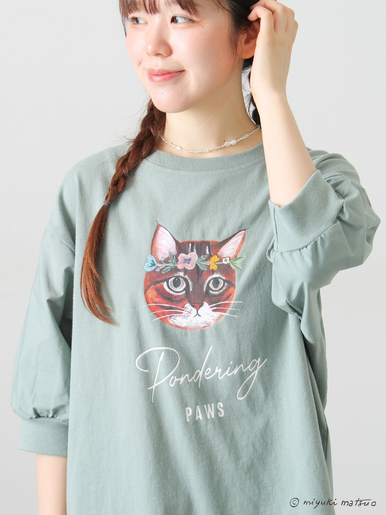 【サマンサモスモス/Samansa Mos2】の【miyuki matsuo*Samansa Mos2】別布切替T インテリア・キッズ・メンズ・レディースファッション・服の通販 founy(ファニー) 　ファッション　Fashion　レディースファッション　Fashion for Women　イラスト　Illustration　ギャザー　Gathered, Ruffled　切替　Switching, Contrast Panel　猫　Cat, Kitty　ミント|ID: prp329100004933574 ipo3291000000037030411