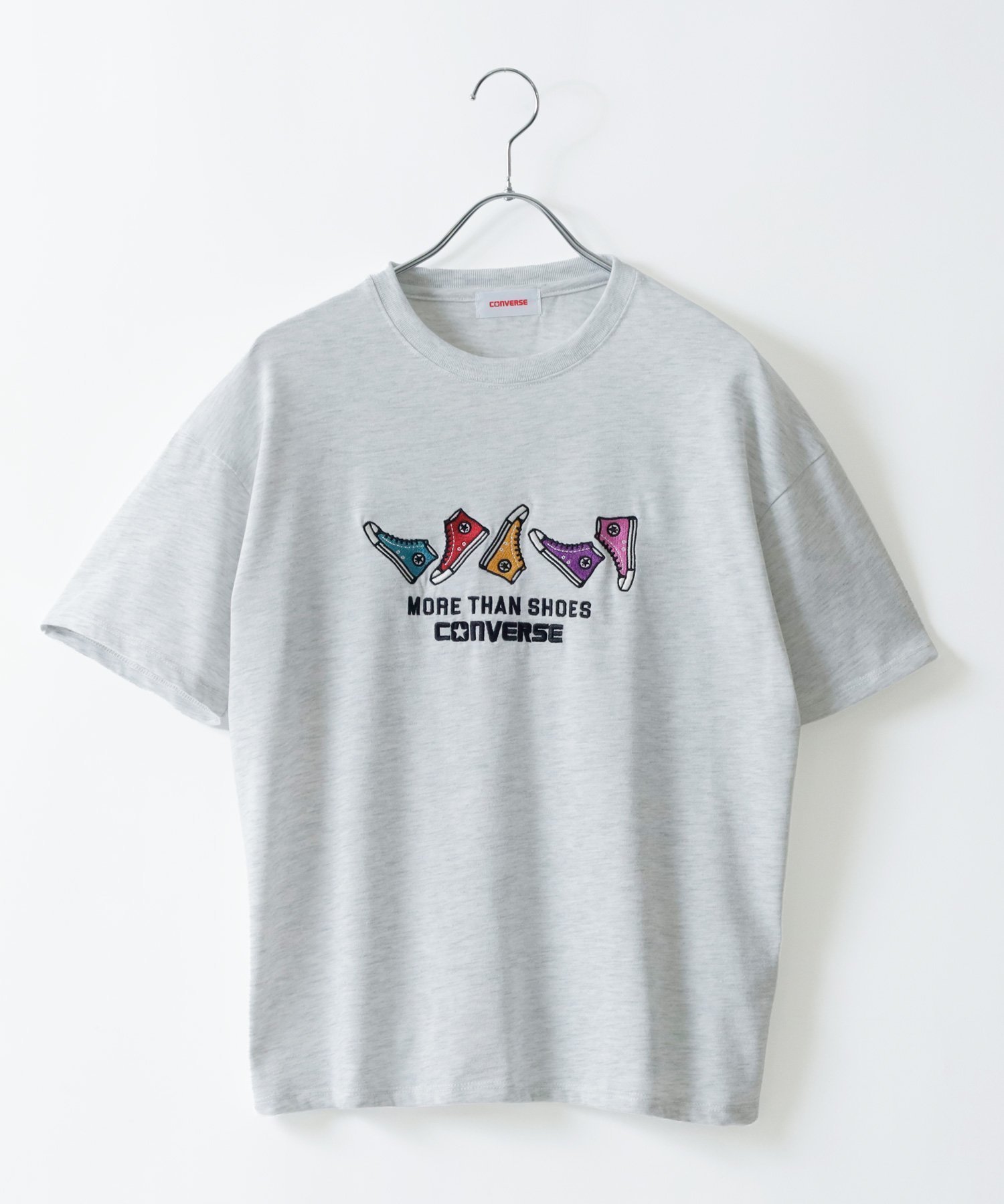 【マルカワ/MARUKAWA】のCONVERSE コンバース Tシャツ レディース ロゴ 刺繍 シューズ デザイン ティーシャツ インテリア・キッズ・メンズ・レディースファッション・服の通販 founy(ファニー) 　ファッション　Fashion　レディースファッション　Fashion for Women　アウトドア　Outdoor Clothing　春　Spring　カーゴパンツ　Cargo Pants, Utility Pants　キャップ　Cap, Baseball Cap　キャラクター　Character, Licensed Characters　サンダル　Sandals, Summer Shoes　シューズ　Shoes, Footwear　シンプル　Simple, Minimal　ジャケット　Jacket, Outerwear　スタンダード　Standard, Basic　ストライプ　Stripe, Striped Pattern　スニーカー　Sneakers, Trainers　スポーツ　Sports, Activewear　スラックス　Slacks, Dress Pants　センター　Center, Center Line　デニム　Denim, Jeans Material　トレンド　Trend, Trending Now　定番　Standard, Basic Item　人気　Popular, Best Seller　パターン　Pattern, Design Print　ビッグ　Big, Oversized　フレア　Flare, Flared　フロント　Front, Front Design　ブルゾン　Blouson, Bomber Jacket　ベーシック　Basic, Essential　ボーダー　Border, Stripe　メンズ　Men's, Menswear　ワイド　Wide, Wide Fit　グレー柄A|ID: prp329100004933587 ipo3291000000037030471