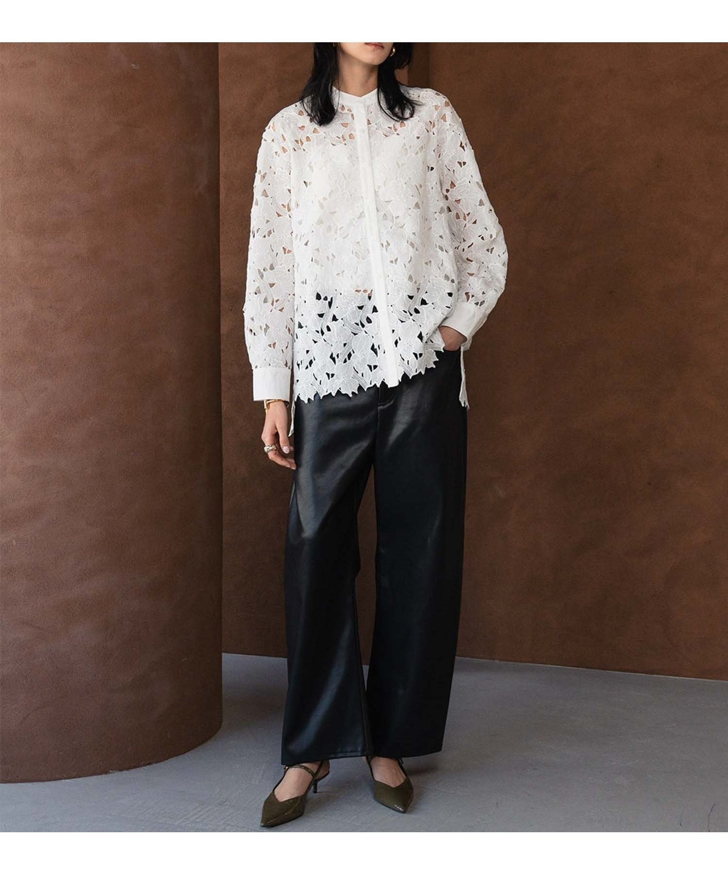 【その他のブランド/Other】の【2026SS】ケミカルレース スタンドネック ブラウス 長袖 オフィス インテリア・キッズ・メンズ・レディースファッション・服の通販 founy(ファニー) 　ファッション　Fashion　レディースファッション　Fashion for Women　トップス・カットソー　Cut & Sew Tops　シャツ・ブラウス・オフィスカジュアル　Elegant Blouses & Button-Ups　カフス　Cuff Design　ケミカル　Chemical, Chemical Wash　シンプル　Simple, Minimal　スタンド　Stand Collar, Upright Stand　長袖　Long Sleeve, Full Sleeve　フラワー　Flower, Floral　モチーフ　Motif, Design Theme　レース　Lace, Lace Fabric　再入荷　Restock / Back in Stock　エレガント 上品　Elegant　2026年　2026　OWH|ID: prp329100004933610 ipo3291000000037030631