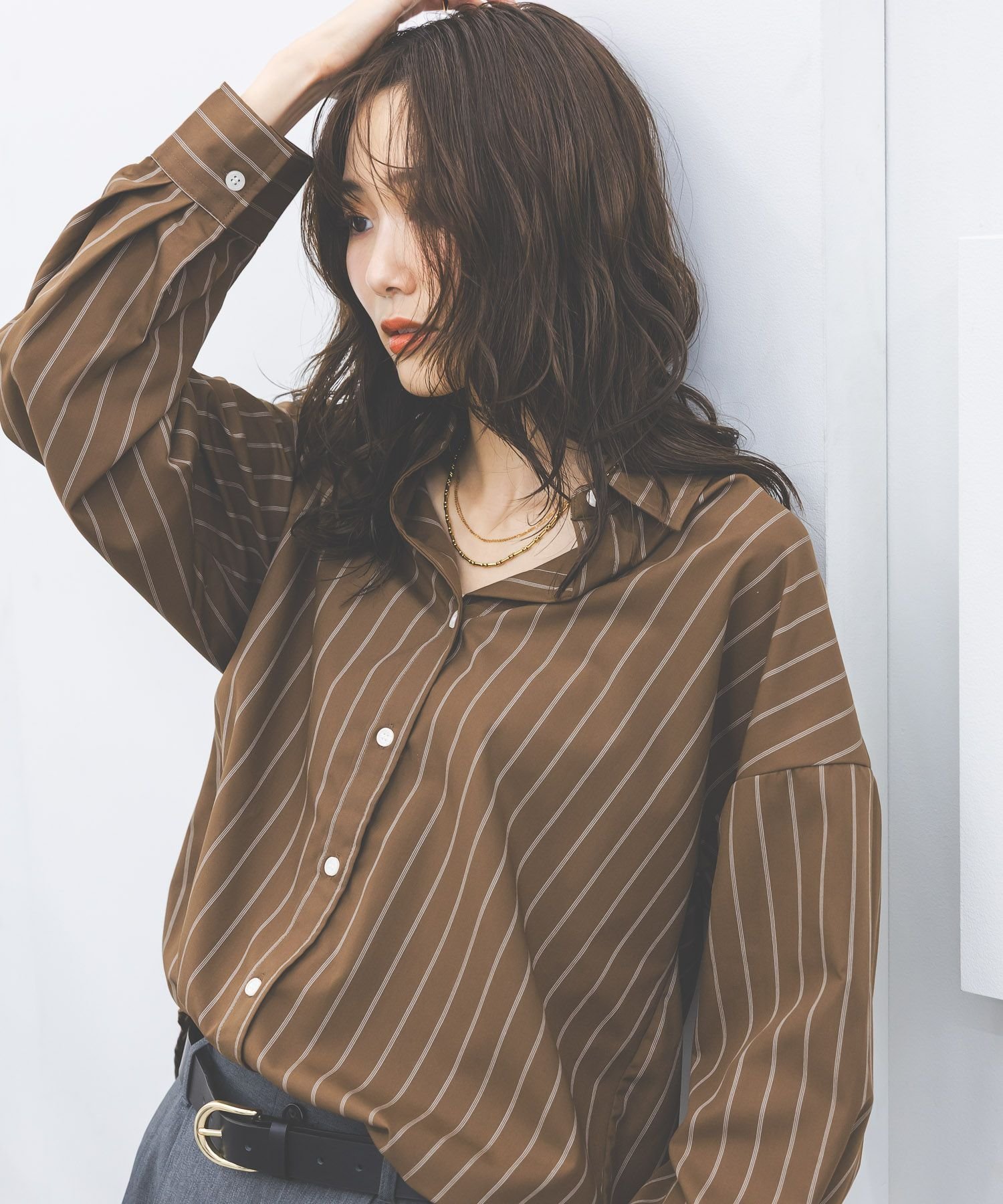 【グローバルワーク/GLOBAL WORK】の365日マイスタイルシャツ/571317 インテリア・キッズ・メンズ・レディースファッション・服の通販 founy(ファニー) 　ファッション　Fashion　レディースファッション　Fashion for Women　トップス・カットソー　Cut & Sew Tops　シャツ・ブラウス・オフィスカジュアル　Elegant Blouses & Button-Ups　おすすめ　Recommended / Our Picks　オケージョン　Occasion Wear　セレモニー　Ceremony　ベーシック　Basic, Essential　ボトム　Bottoms, Lower Wear　ワイド　Wide, Wide Fit　ビジネス 仕事 通勤　Business / Work / Commuting　羽織　Haori, Light Jacket　ブラウンストライプ55|ID: prp329100004933618 ipo3291000000037030674