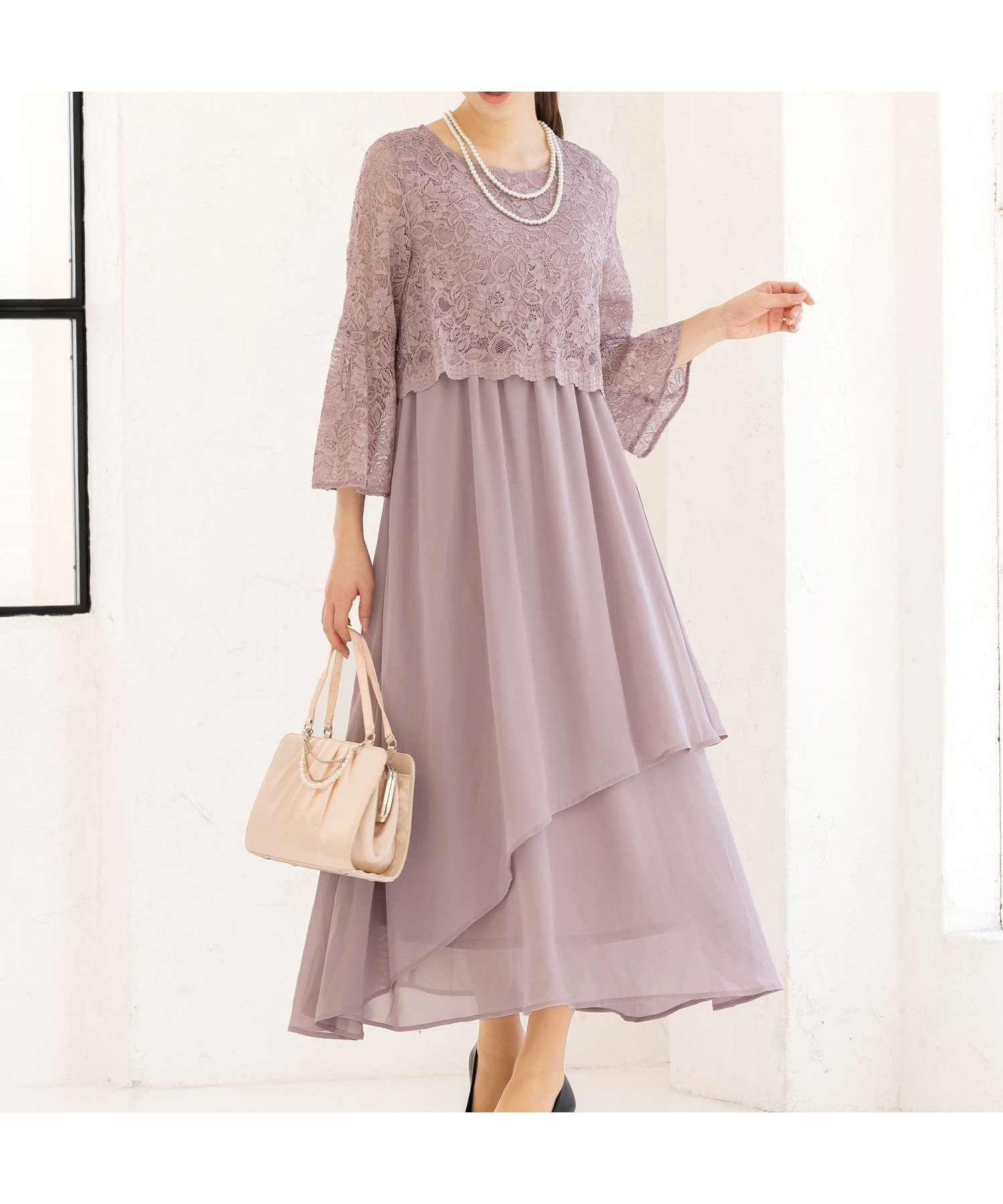 【アッドルージュ/AddRouge】のレース八分袖 ドレス ワンピース ロング丈 結婚式 演奏会 お呼ばれ インテリア・キッズ・メンズ・レディースファッション・服の通販 founy(ファニー) 　ファッション　Fashion　レディースファッション　Fashion for Women　ワンピース　Dresses　フォーマル・パーティードレス・結婚式用ドレス　Elegant & Casual Dresses　エレガント 上品　Elegant　切替　Switching, Contrast Panel　シフォン　Chiffon, Lightweight Fabric　スカラップ　Scallop, Scalloped Edge　ドレス　Dress, One-Piece　定番　Standard, Basic Item　フォーマル　Formal, Dressy　ベーシック　Basic, Essential　ラウンド　Round, Round Neck　レース　Lace, Lace Fabric　ロング　Long, Long-Length　再入荷　Restock / Back in Stock　おすすめ　Recommended / Our Picks　セレモニー　Ceremony　結婚式　Wedding　rpkl/スモーキーピンク|ID: prp329100004933721 ipo3291000000037031208